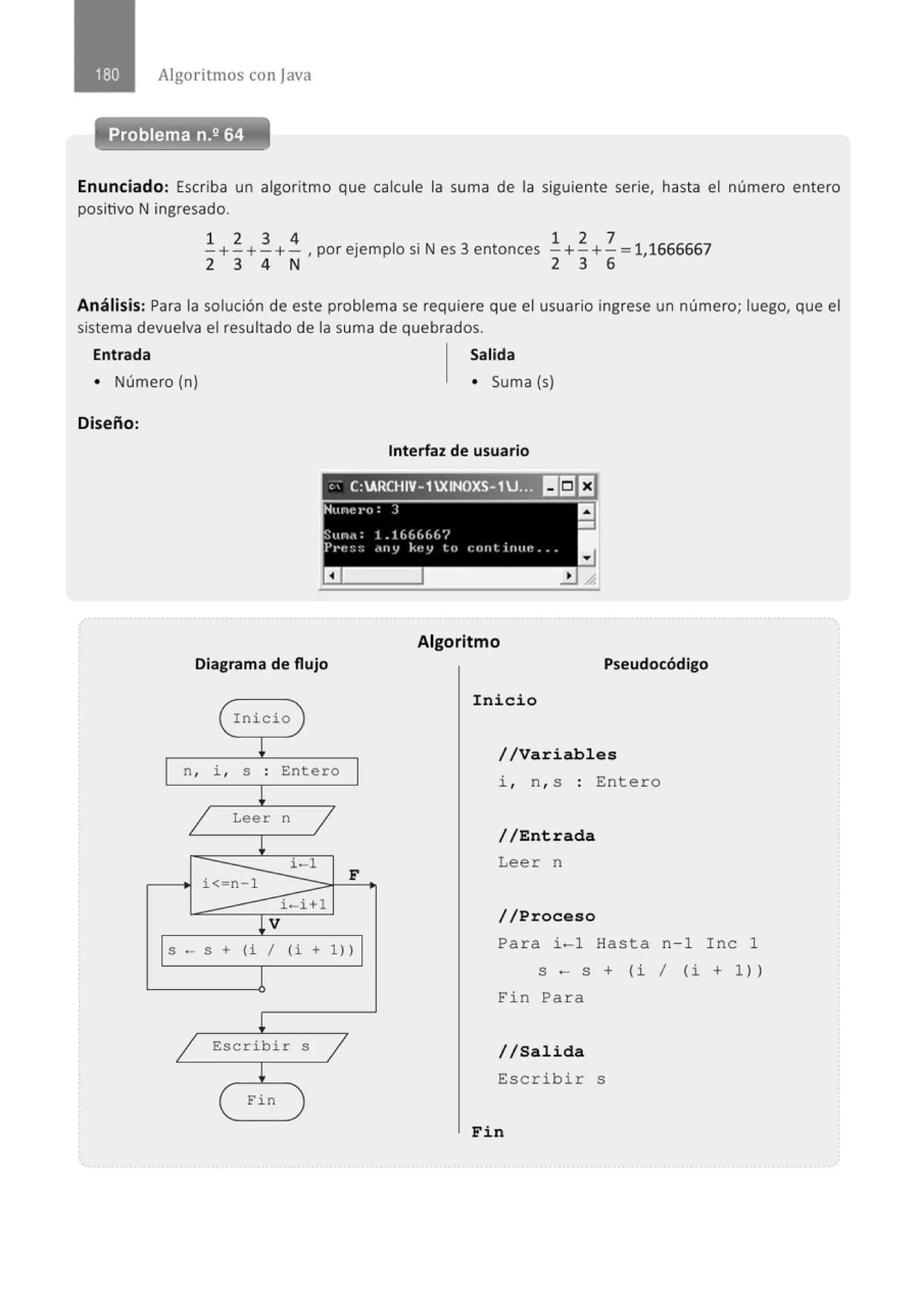 Algoritmos con java
Problema n.2 64
Enunciado: Escriba un algoritmo que calcule la suma de la siguiente serie, hasta el número entero
positivo N ingresado.
1 2 3 4 . l .N
3
- +- +-+- , por ejemp o SI es entonces
2 3 4 N
1 2 7
- +-+- = 11666667
2 3 6 '
Análisis: Para la solución de este problema se requiere que el usuario ingrese un número; luego, que el
sistema devuelva el resultado de la suma de quebrados.
Entrada Salida
• Número (n) • Suma (s)
Diseño:
Interfaz de usuario
,, C:ARCHIV-1XINOXS- 1U~~ ~IEEJ
.Nune 1·u : J 1:1
-
:Sun,,: 1.1 (,(¡(¡(¡(,'/
Pt·e~;:; -'"Y key to continue ...
a
Algoritmo
Diagrama de flujo Pseudocódigo
Inicio )
¡
n, i , S . Entero
.
L
/ Leer n
/
¡
i< n 1
i-1
F
i-i+l
¡v
S - S + (i 1 (i + 1) )
1
¡
/ Escribir S
/
¡
( Fin
Inicio
//Variables
i , n , s : Entero
//Entrada
Leer n
//Proceso
Para i-1 Hasta n-1 Inc 1
S - S + (i / (i + 1 ))
Fin Para
//Salida
Escribir s
Fin
 