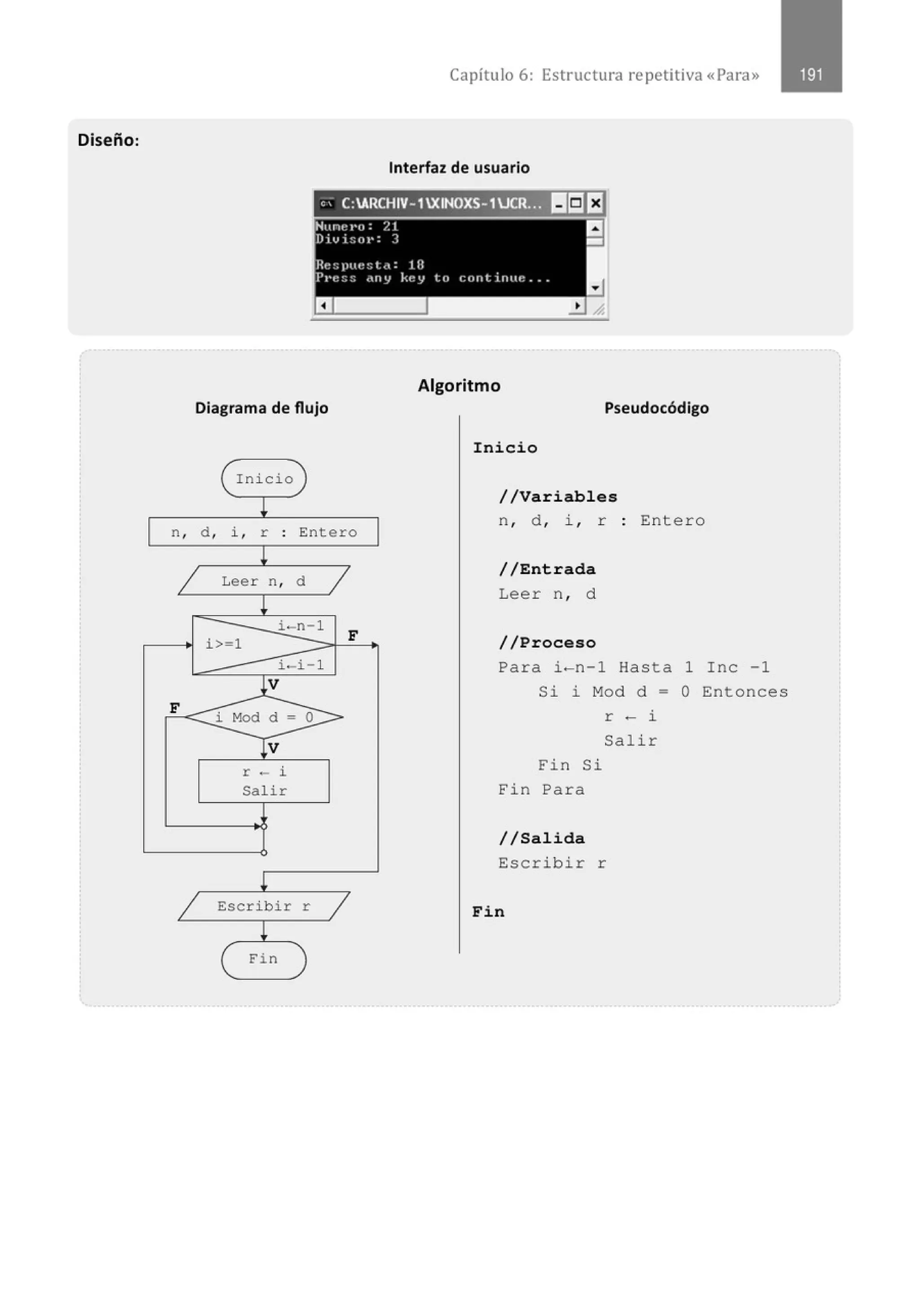 Diseño:
Capítulo 6: Estructura repetitiva «Para»
Interfaz de usuario
'' C:ARCHIV-1XINOXS-1JCR;~., ~¡] EJ
Nttnt~ t•o : /. t a
Divio.ol': 3 -
Re:; JHU: :: t ( : 1n
J•t·c~~ <~llY kcy lo (:tlrltirltlc ••
a
Algoritmo
Diagrama de flujo Pseudocódigo
( Ini cio
!
n, d , i , r . Entero
.
!
1 Leer n , d 1
!
i-n 1
F
i> 1
i-i- 1
l_
V
F
i Mod d = o
T
v
r - i
Salir
!
1 Escribir r
1
¡
( Fin
Inicio
//Variables
n , d , i, r
//Entrada
Leer n , d
//Proceso
Entero
Para i-n-1 Hasta 1 Inc -1
Si i Mod d = O Entonces
r - i
Salir
Fin Si
Fin Para
//Salida
Escrib i r r
Fin
 
