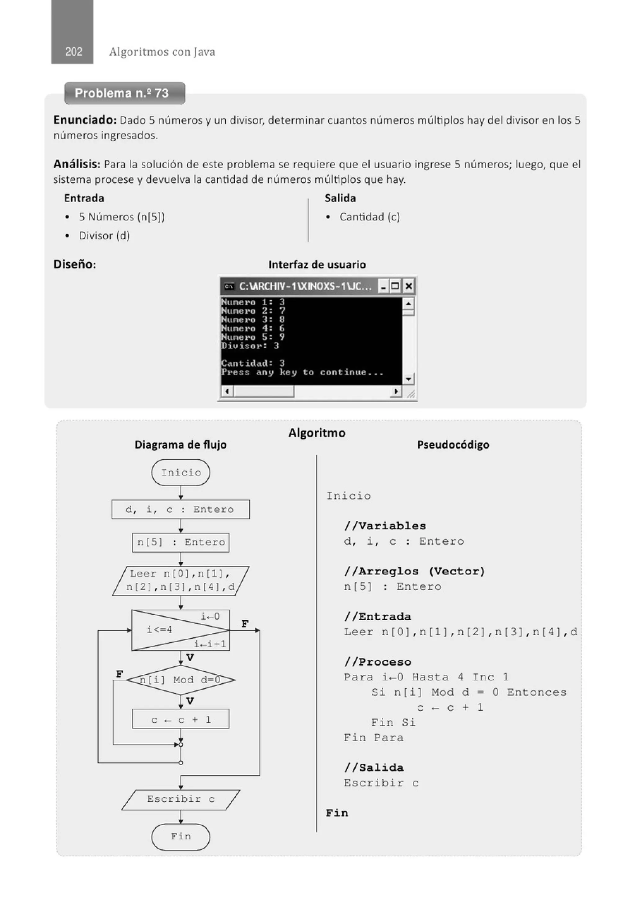 Algoritmos con java
Problema n.2 73
Enunciado: Dado 5 números y un divisor, determinar cuantos números múltiplos hay del divisor en los 5
números ingresados.
Análisis: Para la solución de este problema se requiere que el usuario ingrese 5 números; luego, que el
sistema procese y devuelva la cantidad de números múltiplos que hay.
Entrada Salida
• 5 Números (n[S]) • Cantidad (e)
• Divisor (d)
Diseño: Interfaz de usuario
, ; C:ARCHIV-1XINOXS-1UC... l!lliJEJ
Diagrama de flujo
(Inicio
~
d , i , e : Ente ro
!
n[S) . Entero
.
~
~
1
Leer n[O] , n[l] ,
1
~
n(2 ],n[3],n[4],d
~
i-0
i<-4
F
i. i+l
l V
F
n(i ) Mod d=
¡v
e - e + 1
~
1 Escribir e
1
!
Fin
Algoritmo
Pseudocódigo
Inicio
//Variables
d , i , e : Entero
//Arreglos (Vector)
n[S] : Entero
//Entrada
Leer n [O), n [1), n [2), n [3), n [4), d
//Proceso
Para i - 0 Hasta 4 Inc 1
Si n[i] Mod d =O Entonces
e - e + 1
Fin Si
Fin Para
//Salida
Escribir e
Fin
 