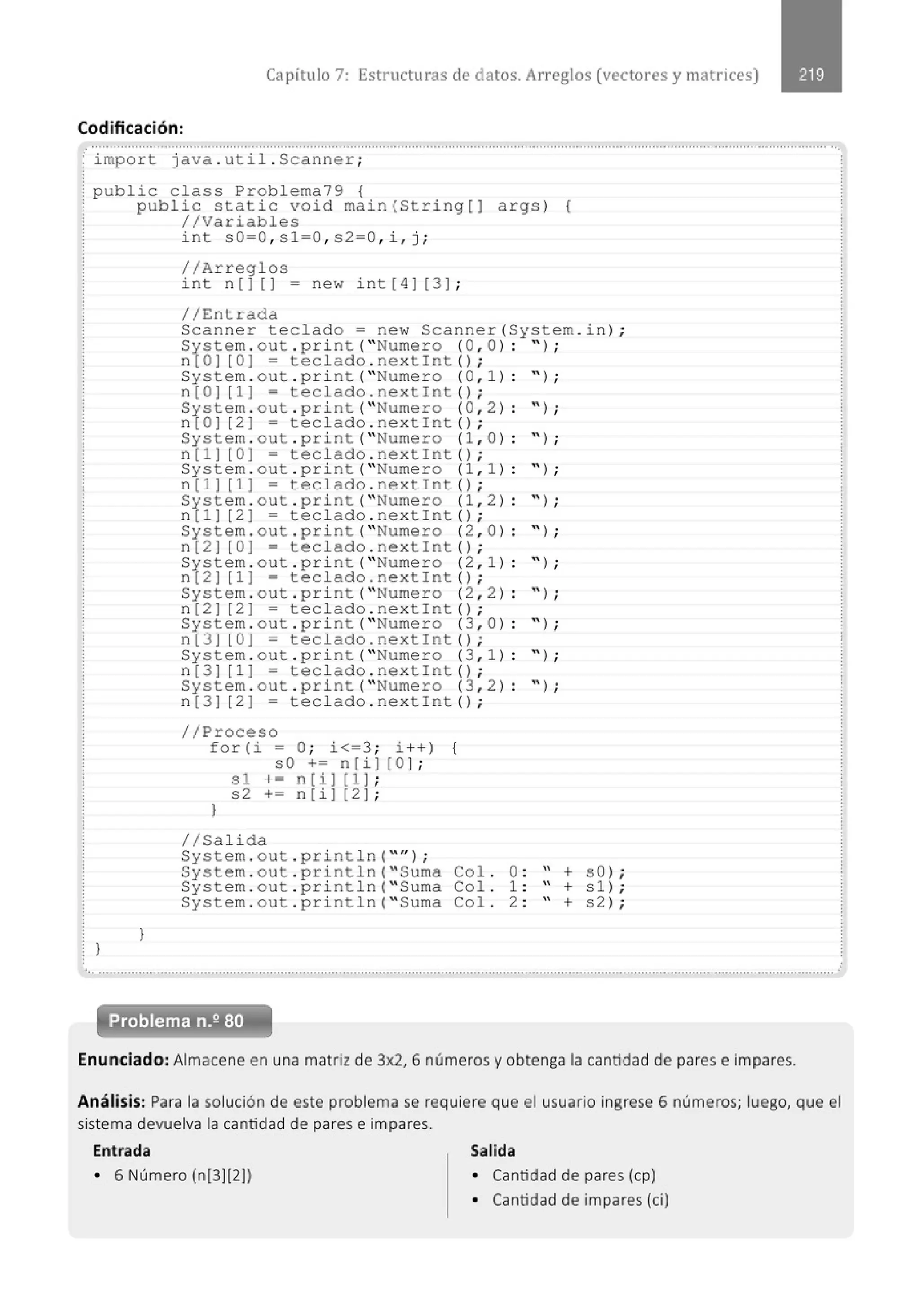 Capítulo 7: Estructuras de datos. Arreglos (vectores y matr ices)
Codificación:
...................................." .............................." ......." ......." ............................" .............' ................................" ............................" .........
~ impo r t java . ut i l . Scanner ;
: publi c cla ss Problema79 {
: public static void main(St ri ng[J
: //Vari ables
¡ i nt sO=O , s 1=0 , s2=0, i, j ;
//Ar regl os
i nt n [ J [] =
//Entrad a
ne w i nt[4 )[ 3] ;
args ) {
Scanne r tecl ado = new Scanner (Sys t em . i n ) ;
System . out . p ri nt (" Nume r o (0 , 0 ) : " ) ;
n [0 ) [ 0 ) = t e clado . nex t! nt () ;
}
)
System . out . p rint (" Nume r o (0 , 1 ) : " ) ;
n [OJ [1 ) = tec l ado . nex ti nt () ;
System . out . pr i nt (" Nume ro (0 , 2 ) : " ) ;
n [O) [ 2 ) = tecl ado . nex t int () ;
System . out . pri nt (" Nume ro (1 , 0 ) : ");
n [1 ) [O ) = tec l ado . ne x tint () ;
System . out . print (" Numero (1 , 1 ) : " ) ;
n [1) [1 ] = tec1ado . ne x tint () ;
System . out . print (" Numero (1 , 2 ) : " ) ;
n [1) [2 ] = tecl ado . ne x t !nt () ;
System . out . pri nt (" Numero (2 , 0 ) : " ) ;
n [2 ) [ 0 ] = tecl ado . nex t !nt () ;
System . out . p ri nt (" Nume r o (2 , 1 ) : " ) ;
n [2 ) [1 ] = t e c l ado . nex t !nt () ;
System . out . p ri nt (" Nume r o (2 , 2 ) : " ) ;
n [2 ) [ 2 ) = teclado . nex t! n t () ;
System . out . p rint (" Nume r o (3 , 0 ) : " ) ;
n [ 3 ) [ 0 ) = teclado . nexti nt () ;
System . out . pri nt (''Nume ro (3 , 1 ) : ");
n [3) [1 ) = tecl ado . ne x tint () ;
System . out . print (" Nume ro (3 , 2 ) : ") ;
n [3 ) [ 2 ] = tecl ado . ne x tint () ;
//Pr oceso
f or (i = O; i <=3; i ++)
sO+= n [ i) [O] ;
s1 += n [ i 1[ 1 1;
s2+ = n[i ] [ 2 ] ;
}
1/Salida
System . out . print1n ("" ) ;
System . out . pri ntln (" Suma
System . out . print 1n (" Suma
System . out . pr i ntln (" Suma
{
Col. O:
Col . 1 :
Col . 2 :
" +
" +
" +
sO ) ;
S 1 ) i
s2 ) ;
..............................................................................................................................................................................................................
Enunciado: Almacene en una matriz de 3x2, 6 números y obtenga la cantidad de pares e impares.
Análisis: Para la solución de este problema se requiere que el usuario ingrese 6 números; luego, que el
sistema devuelva la cantidad de pares e impares.
Entrada Salida
• 6 Número (n[3)[2)) • Cantidad de pares (cp)
• Cantidad de impares (ci)
 