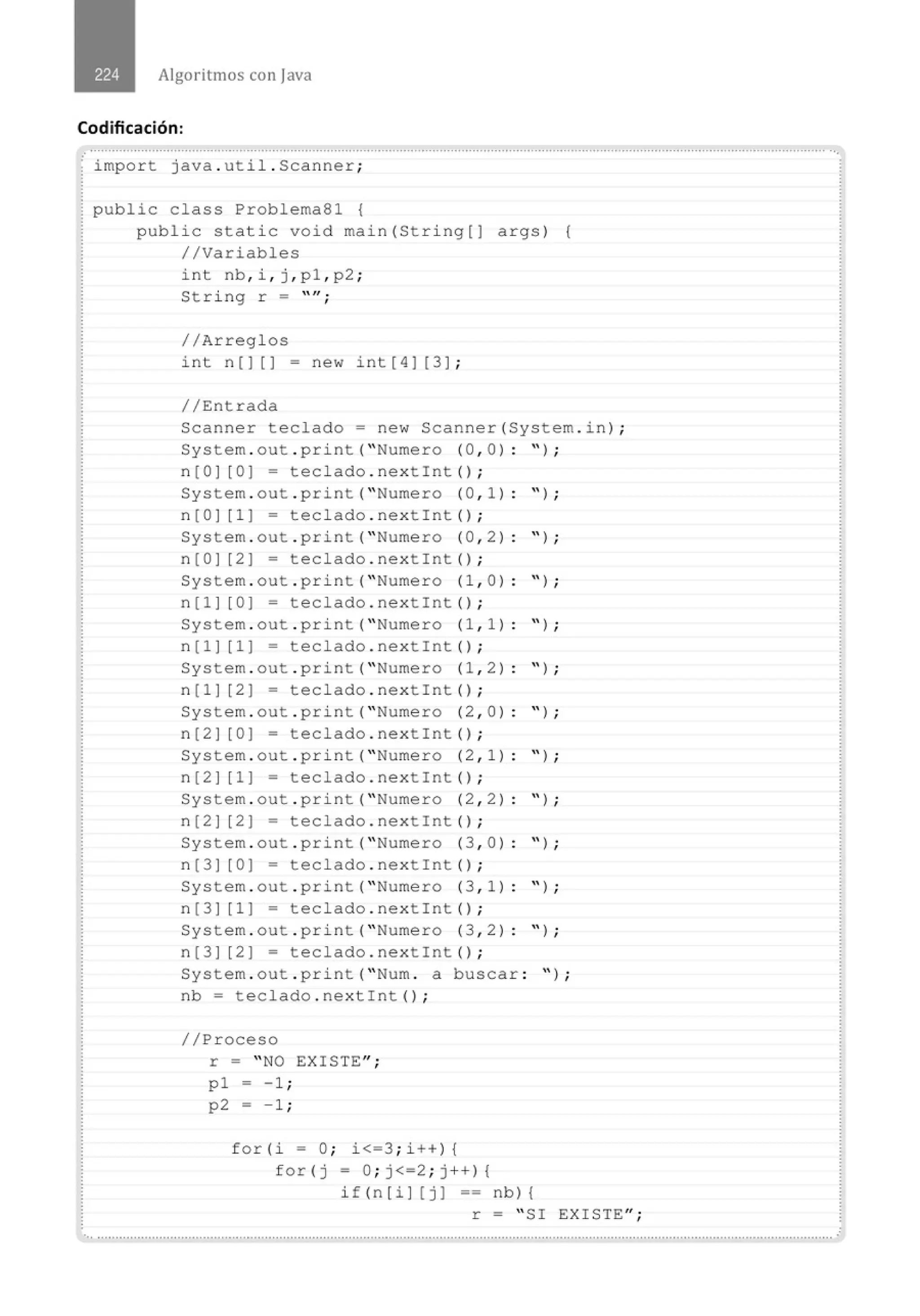 Algoritmos con java
Codificación:
.· .......................................................................................................................................................................................................... ...
import java . util . Scanner;
public class Problema81 {
public static void main(St ring[J args) {
//Variables
int nb, i , j , pl , p2 ;
St ring r = "";
//Arreglos
int n (] [] - new int [ 4) ( 3 ] ;
//Entrada
Scanner teclado= new Scanner(System . i n) ;
System . out . print (" Numero (0 , 0) : " ) ;
n (O J [0 ) = tec l ado . nex tint () ;
System . out . print (" Numero (0 , 1 ) : " ) ;
n (O ) [1 ) = teclado . nexti n t () ;
System . out . print( " Numero (0 , 2) : " ) ;
n [0 ) [2 ) = t eclado . nextint () ;
System . out . pri nt( " Numero (1, 0) : " ) ;
n (1 ) [0 ) = teclado . nextint () ;
System . out . print ( " Numero (1 , 1) : " ) ;
n (1 ) [1 ) = tecl ado . nex tint () ;
System . out . print (" Numero (1 , 2) : " ) ;
n [1) [2 ] = teclado . nextint () ;
System . out . print( " Numero (2 , 0 ): " ) ;
n [2 ] [0 ] = t eclado . nextint () ;
System . out . pr i nt (" Numero (2 , 1 ): " ) ;
n[2) [1) = t eclado . nextint () ;
System . out . print ( " Numero (2, 2) : " ) ;
n (2 ) [2 ) = teclado . nex tint () ;
System . out . print (" Numero (3 , 0) : " ) ;
n [3) [0 ] = teclado . nextint () ;
System . out . print (" Numero ( 3 , 1 ): " ) ;
n[3) [1 ] = teclado . nextint () ;
System . out . pr i nt( " Numero ( 3 , 2) : " ) ;
n[3) [2 ) = teclado . nextlnt() ;
System . out . print (" Num . a buscar : '' ) ;
nb = tec lado . nextint() ;
//Proceso
r = " NO EXISTE";
p1 - - 1;
p2 - -1 ;
for (i = O; i<=3; i ++ ) {
f or (j = O; j<=2; j ++){
if (n [ i ] [j] == nb) {
r = " SI EXISTE";
•., ................. ········································..............................................................................··································································
 