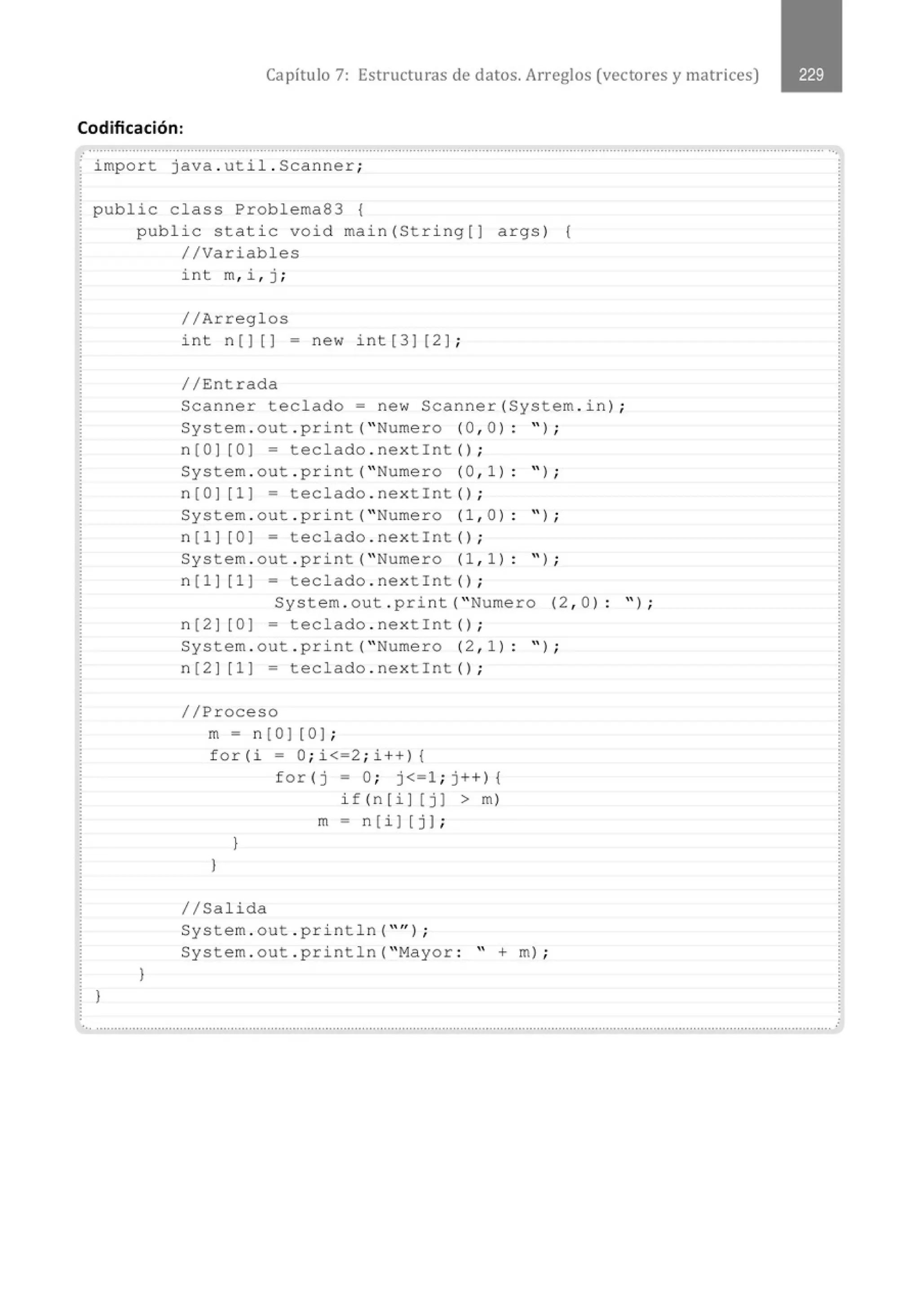 Capítulo 7: Estructuras de datos. Arreglos (vectores y matrices)
Codificación:
........................................................................................................................................................................................................... ...
import java . util . Scanner;
public class Problema83 {
l
public static void main(String[J args) {
//Variables
}
int m, i , j ;
//Arreglos
int n 1] [] - new int [ 3] 12] ;
//Entrada
Scanner teclado= new Scanner(System . in) ;
System.out . print( " Numero (0 , 0) : " ) ;
niOJ [0] = teclado . nextint () ;
System . out . print (" Numero (0 , 1) : " ) ;
n 10 ] [1] = teclado . nextint () ;
System . out . print (" Numero (1 , O) : " ) ;
n[1] [0] = teclado . nextlnt () ;
System . out . print (" Numero (1 , 1 ) : " ) ;
n [1 ] [1 ] = teclado . nextint () ;
System . out . print( " Numero (2 , 0) : " ) ;
ni2J [0] = teclado . nextint () ;
System . out . print (" Numero (2 , 1) : " ) ;
n [2 ] [1] = teclado . nextint () ;
//Proceso
m = n[O ) [0 ) ;
for(i = O; i<=2; i++) {
}
}
1/Salida
for ( j = O; j<=1 ; j++) {
if (n [ i J [ j 1 > m)
m = n[i ) [j ) ;
System . out . println( "'' ) ;
System . out . println( "Mayor : " +m) ;
•,, ..........................................................................................................................................................................................................
 