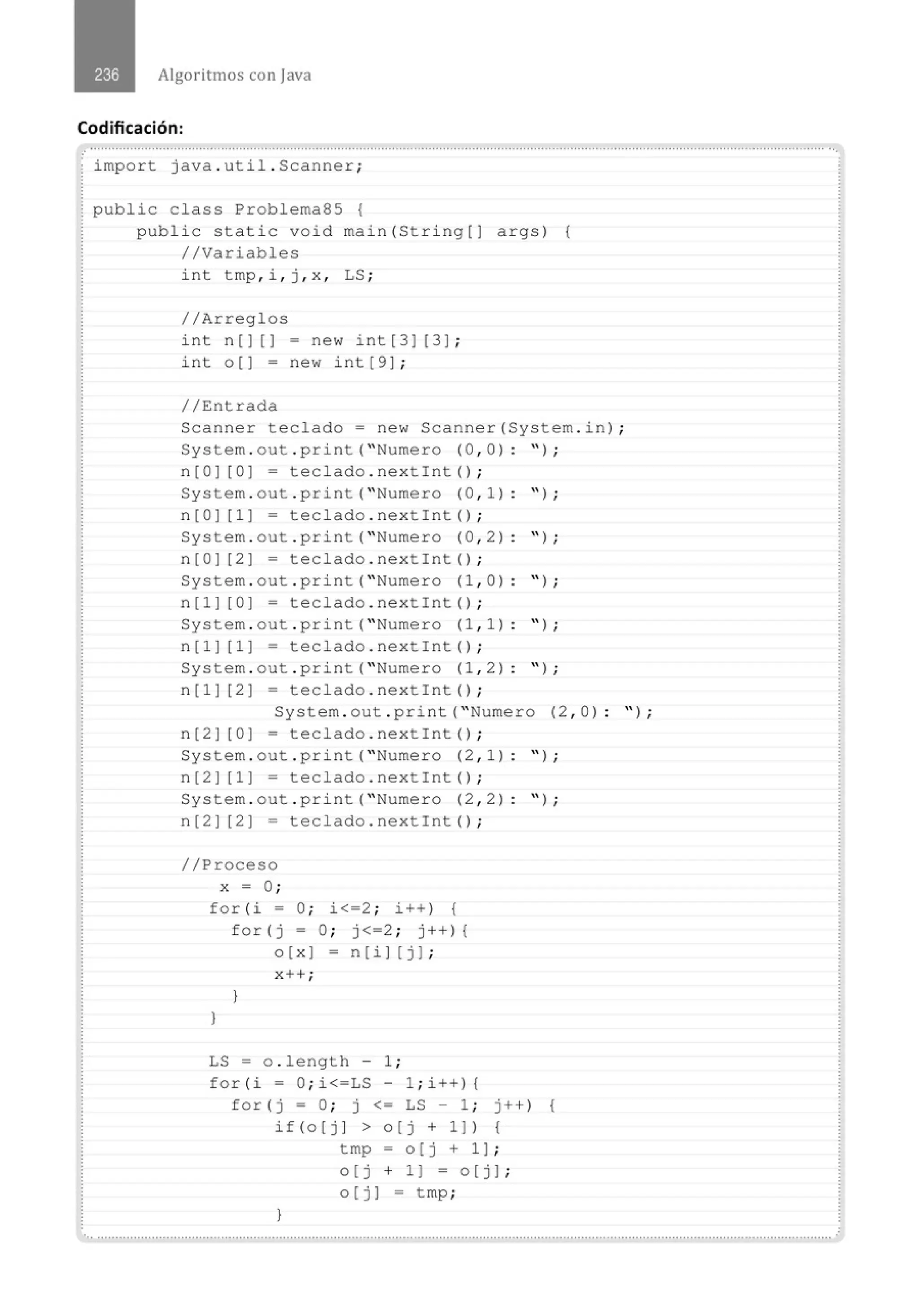 Algoritmos con java
Codificación:
.......................................................................................................................................................................................................... ...
. import java . util . Scanner;
public class Problema85 {
public static void main(String[J args) {
//Variables
int tmp , i , j , x , LS ;
//Arreglos
int n () [) = new int ( 3) ( 3) ;
int o () = new int [ 9] ;
//Entrada
Scanner teclado= new Scanner{System . in ) ;
System . out . print( " Numero (0 , 0) : " ) ;
n[O] [0] = teclado . nextint () ;
System . out . print( " Numero (0 , 1 ) : " ) ;
n(O] (1] = teclado . nextint () ;
System . out . print ( " Numero (0 , 2) : " ) ;
n [0 ] [2 ] = teclado . nextint () ;
System . out . print( " Numero (1 , 0) : " ) ;
n[1] [0] = teclado . nextint() ;
System . out . print ( " Numero (1 , 1) : " ) ;
n[1] [1] = teclado . nextint() ;
System . out . print (" Numero (1 , 2) : " ) ;
n[1] [2) = tec1ado . nextint () ;
System . out . print( " Numero {2, 0) : '' ) ;
n [2] [0 ) = teclado . nextint () ;
System . out . print ( " Numero (2 , 1) : " ) ;
n[2] [1] = tec1ado . nextlnt () ;
System . out . print ( " Numero (2 , 2) : " ) ;
n[2] [2] = teclado . nextint () ;
//Proceso
X = O;
for (i = O; i<=2 ; i++ ) {
for ( j = O; j<=2 ; j++) {
o(x] = n[i](j] ;
x++ ;
}
)
LS = o . length - 1 ;
f o r ( i = O; i <=LS - 1 ; i ++ ) {
for(j = O; j <= LS - 1 ; j++) {
if(o[j] > o(j + 1)) {
tmp = o[j + 1) ;
o[j + 1] = o[j] ;
o(j) = tmp ;
}
•., ...........................................................................................................................................................................................................
 