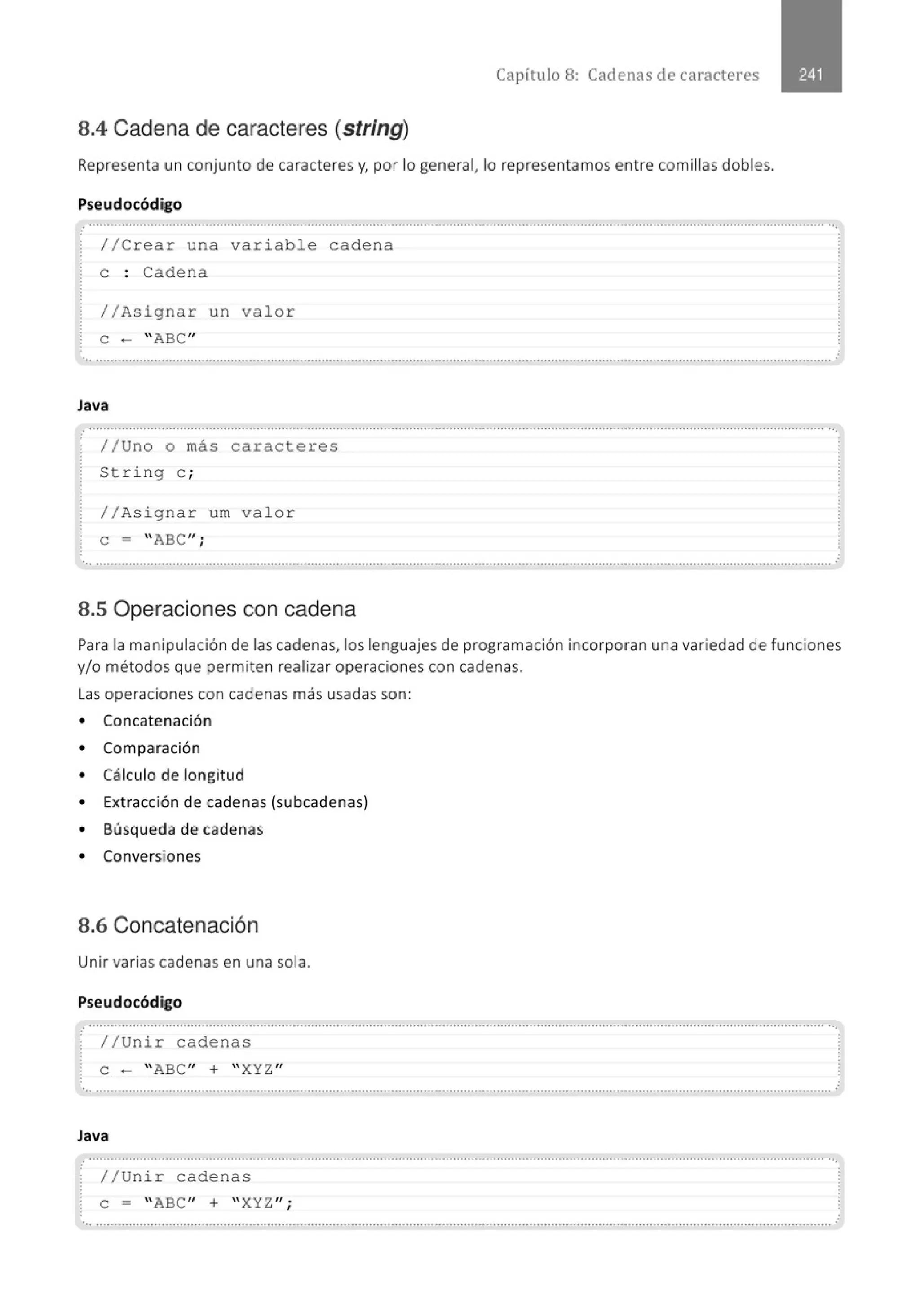 Capítulo 8: Cadenas de caracteres
8.4 Cadena de caracteres (string)
Representa un conjunto de caracteres y, por lo general, lo representamos entre comillas dobles.
Pseudocódigo
.............................................................................................................................................................................................................
//Crear una variable cadena
e : Cadena
//Asignar un valor
e - "ABC"
..............................................................................................................................................................................................................
Java
........................................................................................................................................................................................................... ...
//Uno o más caracteres
String e ;
//Asignar um valor
e = ABC";
.
•., ..........................................................................................................................................................................................................
8.5 Operaciones con cadena
Para la manipulación de las cadenas, loslenguajes de programación incorporan una variedad de funciones
y/o métodos que permiten realizar operaciones con cadenas.
Las operaciones con cadenas más usadas son:
• Concatenación
• Comparación
• Cálculo de longitud
• Extracción de cadenas (subcadenas)
• Búsqueda de cadenas
• Conversiones
8.6 Concatenación
Unir varias cadenas en una sola.
Pseudocódigo
: .............................................................................................................................................................................................................
. //Unir cadenas
~ e ·- ABC'' + ''XYZ ''
Java
.......................................................................................................................................................................................................... ··.
//Unir cadenas
e = ''ABC'' + ''XYZ '';
............................................................................'.................................................................................................................................
 