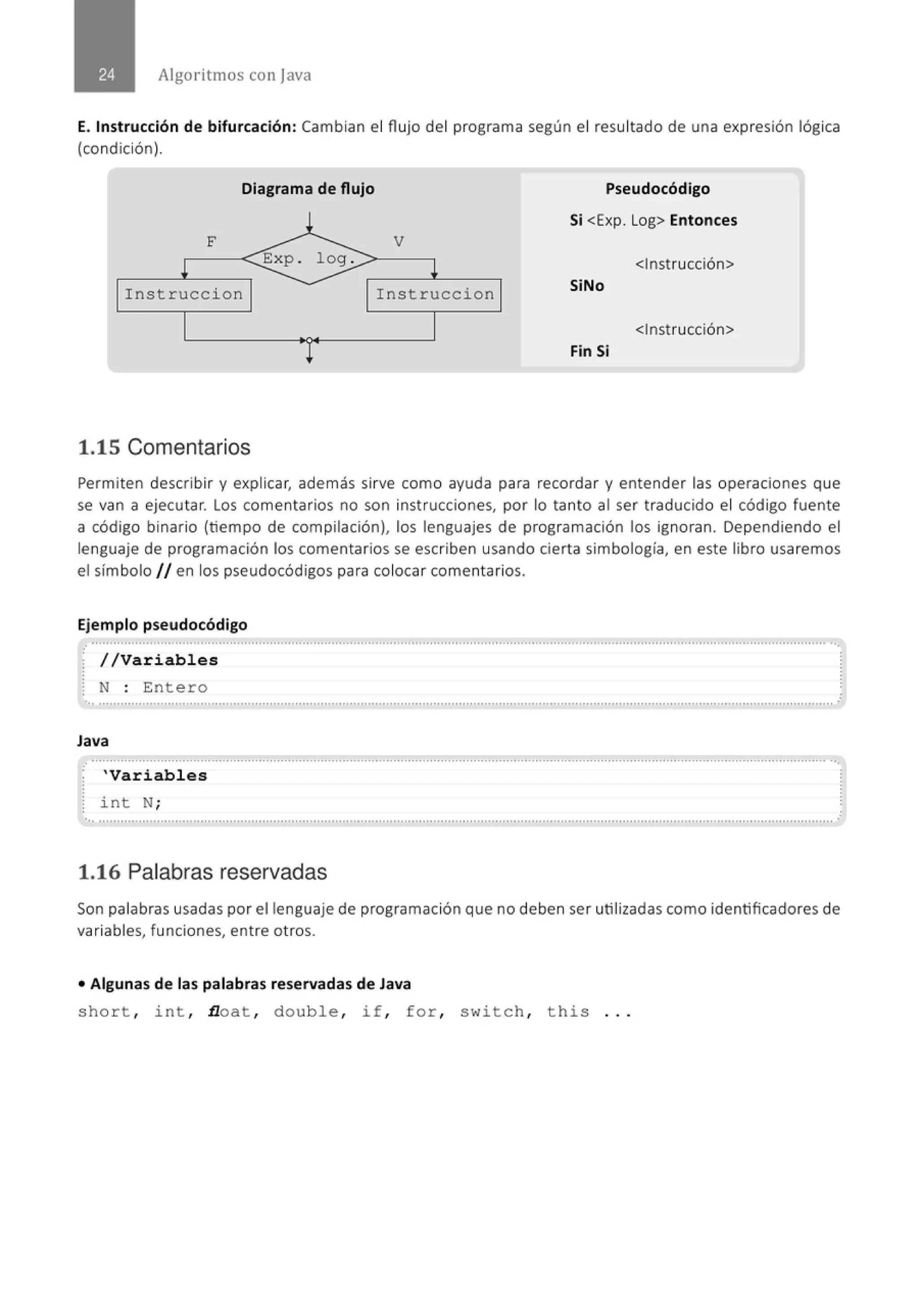 Algoritmos con java
E. Instrucción de bifurcación: Cambian el flujo del programa según el resultado de una expresión lógica
(condición).
Diagrama de flujo Pseudocódigo
Si <Exp. Log> Entonces
F V
<Instrucción>
Instruccion Instruccion SiNo
<Instrucción>
Fin Si
1.15 Comentarios
Permiten describir y explicar, además sirve como ayuda para recordar y entender las operaciones que
se van a ejecutar. Los comentarios no son instrucciones, por lo tanto al ser traducido el código fuente
a código binario (tiempo de compilación), los lenguajes de programación los ignoran. Dependiendo el
lenguaje de programación los comentarios se escriben usando cierta simbología, en este libro usaremos
el símbolo // en los pseudocódigos para colocar comentarios.
Ejemplo pseudocódigo
.............................................................................................'............................................................................................................. ...
¡ //Variables
: N : Entero
.................................................................................................................................' ..........................................................................
Java
.
............................................................................................................................................................................................................ ...
'Variables
i int N;
.. ...........................................................................................................................................................................................................
1.16 Palabras reservadas
Son palabras usadas por el lenguaje de programación que no deben ser utilizadas como identificadores de
variables, funciones, entre otros.
• Algunas de las palabras reservadas de Java
short , int , .tloat, double , if, for , switch, this ...
 