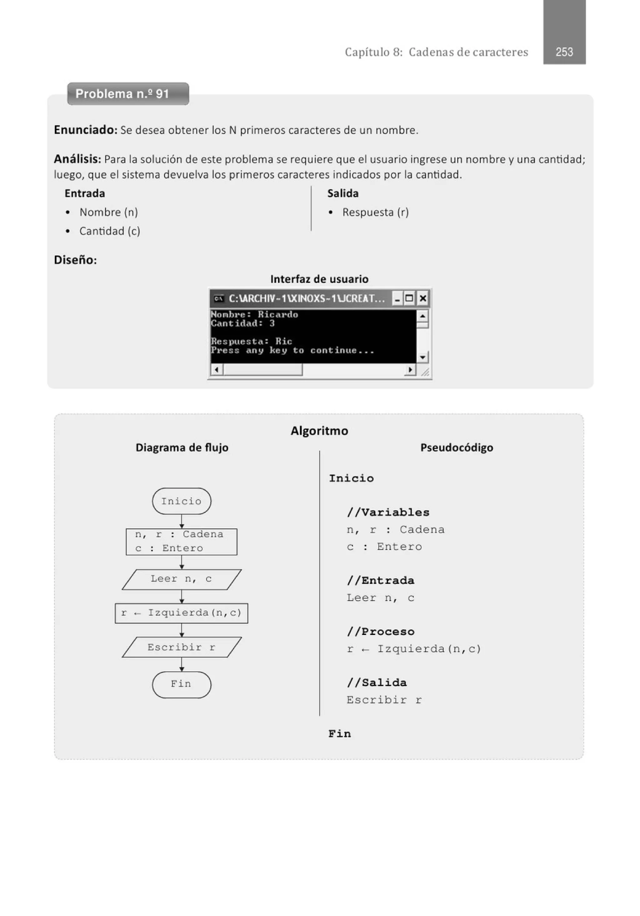 Capítulo 8: Cadenas de caracteres
Problema n.2 91
Enunciado: Se desea obtener los N primeros caracteres de un nombre.
Análisis: Para la solución de este problema se requiere que el usuario ingrese un nombre y una cantidad;
luego, que el sistema devuelva los primeros caracteres indicados por la cantidad.
Entrada Salida
• Nombre (n) • Respuesta (r)
• Cantidad (e)
Diseño:
Interfaz de usuario
e,- C:ARCHIV-1 XINOXS-1 .JCREAT;~~ lit!]El
-- -
Hnnh1•e: Ric<H'Itn a
C.mt iddd: ] -
Respuestd: Hic
PI'e:;:; •Hll/ ke y t o (;011 t i IHU: _ • •
a
Algoritmo
Diagrama de flujo Pseudocódigo
( Inicio )
~
n , r . Cadena
.
e . Entero
.
!
/ Leer n , e
/
!
r - Izquierda (n , c)
!
1 Escribir r
1
!
( Fin
Inicio
//Variables
n , r : Cadena
e : Entero
//Entrada
Lee r n , e
/ / Proceso
r - Izquierda(n , c)
//Salida
Escribir r
Fin
 