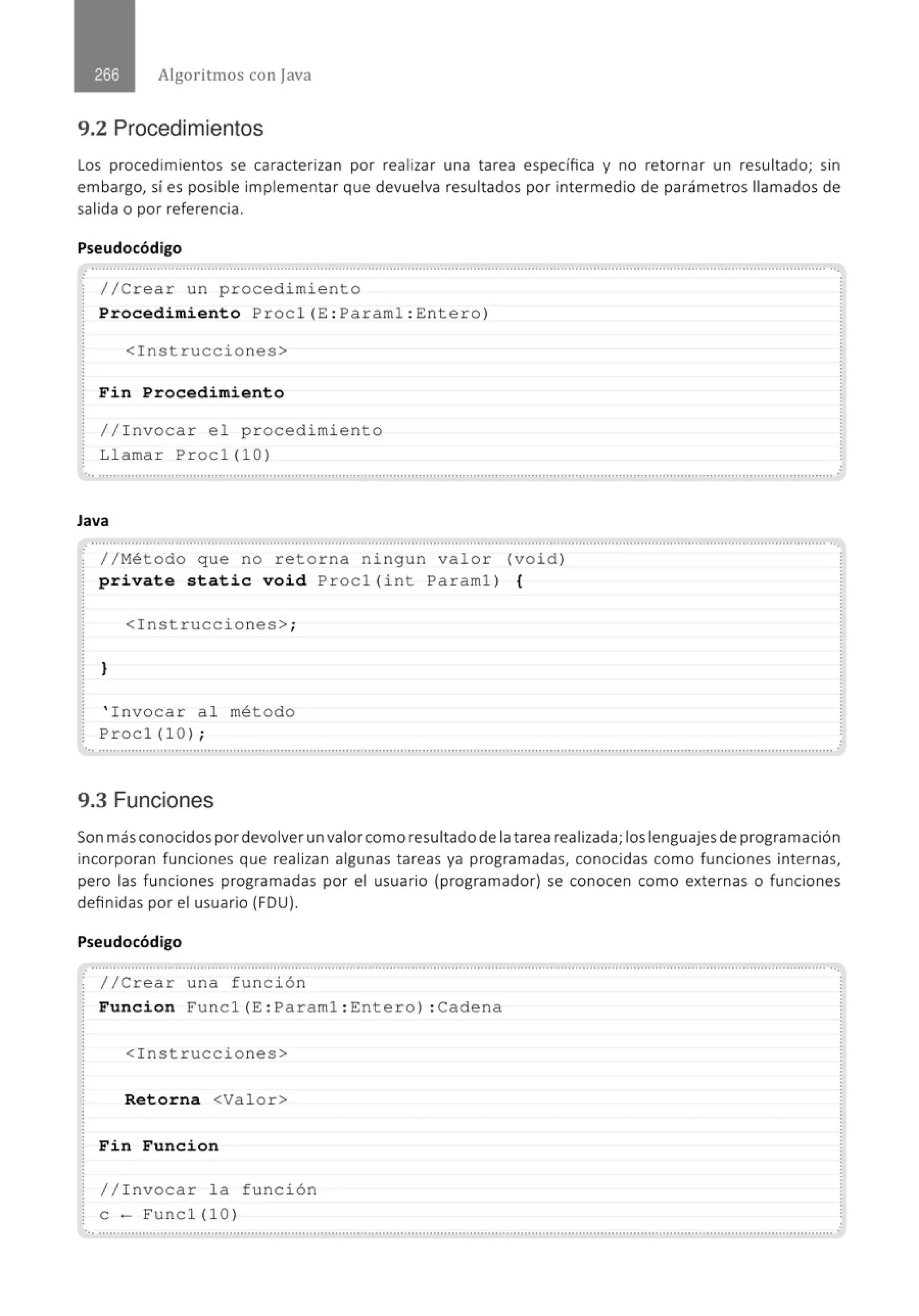 Algoritmos con java
9.2 Procedimientos
Los procedimientos se caracterizan por realizar una tarea específica y no retornar un resultado; sin
embargo, sí es posible implementar que devuelva resultados por intermedio de parámetros llamados de
salida o por referencia.
Pseudocódigo
//Crear un procedimiento
Procedimiento Procl(E : Paraml : Entero)
<Instrucc i ones>
Fin Procedimiento
// I nvocar el procedimiento
Llamar Procl (10)
..............................................................................................................................................................................................................
Java
//Método que no retorna ningun valor
private static void Procl( i nt Paraml)
<Instrucciones>;
}
' Invocar al método
Procl( l O) ;
(voi d)
{
... ..........................................................................................." .............................................................................................................
9.3 Funciones
.
Son másconocidos pordevolver un valorcomo resultado de latarea realizada; los lenguajes de programación
incorporan funciones que realizan algunas tareas ya programadas, conocidas como funciones internas,
pero las funciones programadas por el usuario (programador) se conocen como externas o funciones
definidas por el usuario (FDU).
Pseudocódigo
..........................................................................................................................................................................................~. ............. ...
//Crear una función
Funcion Fu ncl (E: Paraml : Entero) :Cadena
<Instrucciones>
Retorna <Valor>
Fin Funcion
//Invocar la función
e - Funcl (10)
.. ...........................................................................................................................................................................................................
 