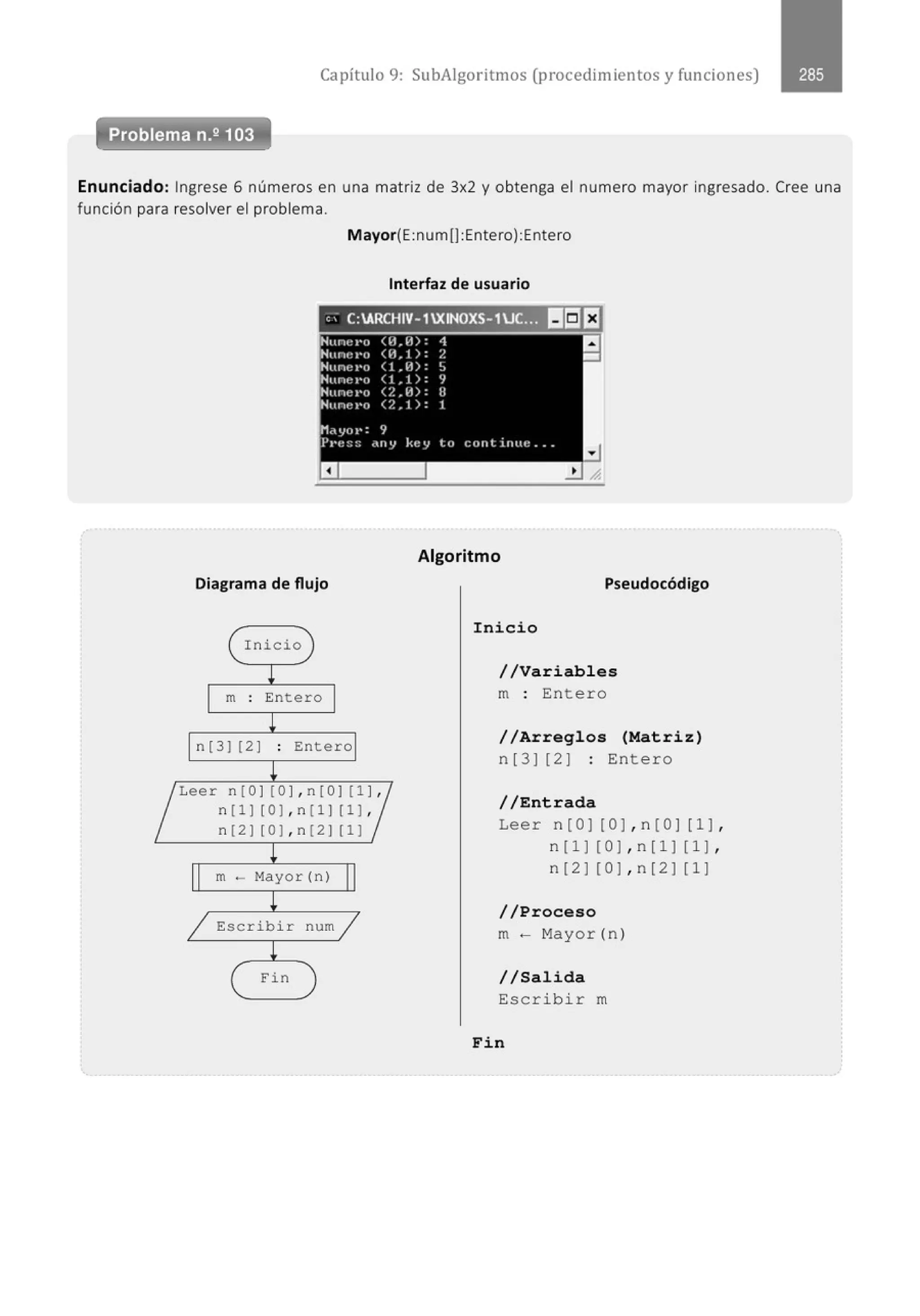 Capítulo 9: SubAigoritmos (procedimientos y funciones)
Problema n.2 103
-
Enunciado: Ingrese 6 números en una matriz de 3x2 y obtenga el numero mayor ingresado. Cree una
función para resolver el problema.
Mayor{E:num[] :Entero):Entero
Interfaz de usuario
'; C:ARCHIV-1XINOXS- 1.JC., I¡]EJ
Diagrama de flujo
( Inicio )
!
m : Entero
¡
n[3 ] [2] : Entero
+
~ Leer n[OJ (O J , n[OJ [1 ~~
n[l] [0],n[1] [1 ],
n [2 ] [O],n [2 ] [1]
¡
m - Mayor(n)
!
/ Escribir num /
!
( Fin )
Algoritmo
Pseudocódigo
Inicio
//Variables
m : Entero
//Arreglos (Matriz)
n[3] [2] : Entero
//Entrada
Leer n[O ] [ OJ,n [ O] [1],
n [ 1] [0 J,n[1 ] [1] ,
n[2] [0 ], n[2] [1]
//Proceso
m~ Mayor(n)
//Salida
Escribir m
Fin
 