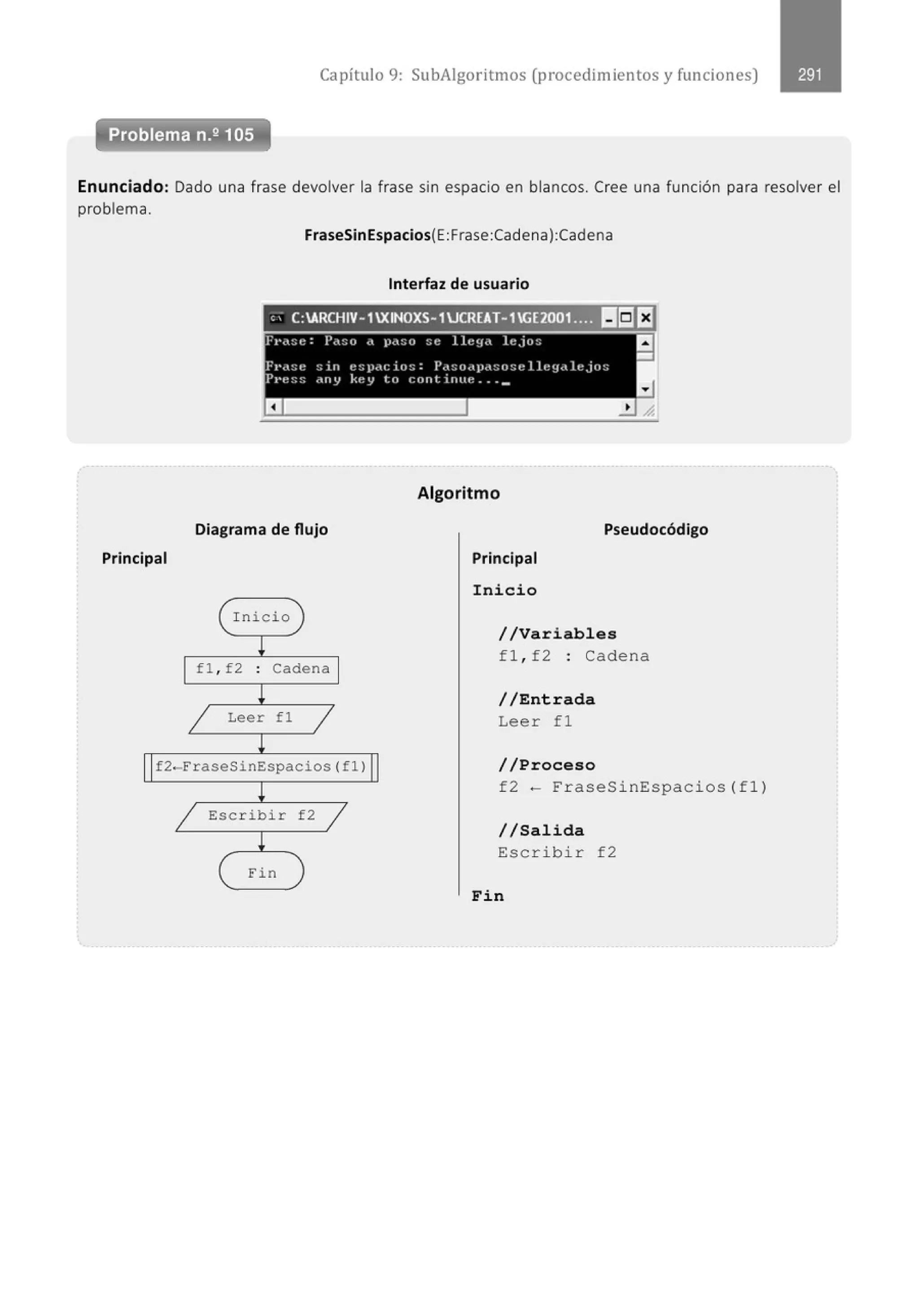 Capítulo 9: SubAigoritmos (procedimientos y funciones)
Enunciado: Dado una frase devolver la frase sin espacio en blancos. Cree una función para resolver el
problema.
Principal
FraseSinEspacios(E:Frase:Cadena):Cadena
Interfaz de usuario
". C:ARCHIV-1XINOXS-1UCREAT-1GE2001 .... 111aEJ
Diagrama de flujo
Inicio
fl , f2 : Cadena
Algoritmo
Pseudocódigo
Principal
Inicio
//Variables
fl , f2 : Cadena
//Entrada
Leer f l
f2-FraseSinEspacios(fl ) //Proceso
Escribir f2
Fin
f2- Fr aseSinEspacios (f l)
//Salida
Esc rib i r f2
Fin
 