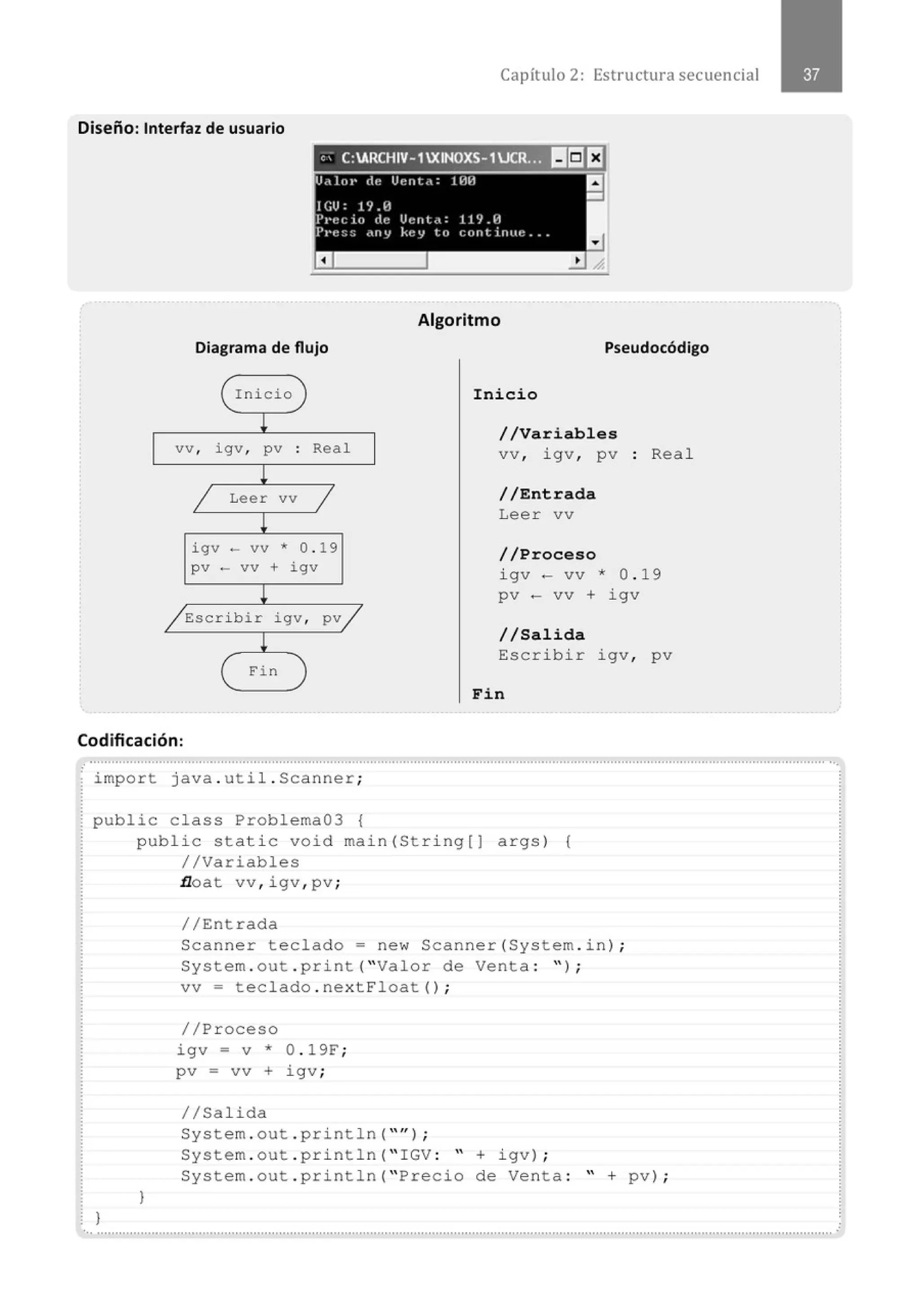 Capítulo 2: Estructura secuencial
Diseño: Interfaz de usuario
'' C:ARCHIV- 1XINOXS-1JCR}J IIr:l f:l
Diagrama de flujo
Inicio
l
vv , igv , pv . Real
.
!
1 Leer vv 1
!
igv - vv * o.19
pv - vv + igv
!
/ Escribir igv , pv/
!
Fin
Codificación:
Algoritmo
Pseudocódigo
Inicio
//Variables
vv, igv , pv
//Entrada
Leer vv
//Proceso
Real
i gv- vv * 0 . 19
pv - vv + igv
//Salida
Escribir igv , pv
Fin
............'............................................................................................................................................................................................. ··.
import java . util . Scanner;
public class Problema03 {
)
public static void main(String(] args) {
//Variables
1
float vv , igv , pv;
//Entrada
Scanner teclado ; new Scanner(System . in ) ;
System . out . print( "Valor de venta : " ) ;
vv ; teclado . nextFloat() ;
//Proceso
igv ; V * Q. l9F;
pv ; vv + igv;
//Salida
System . out . println( " " ) ;
System . out . pr i ntln( " IGV : " + i gv) ;
System . out . println( " Precio de Venta : " + pv ) ;
·............................................................................................................................................................................................................
 