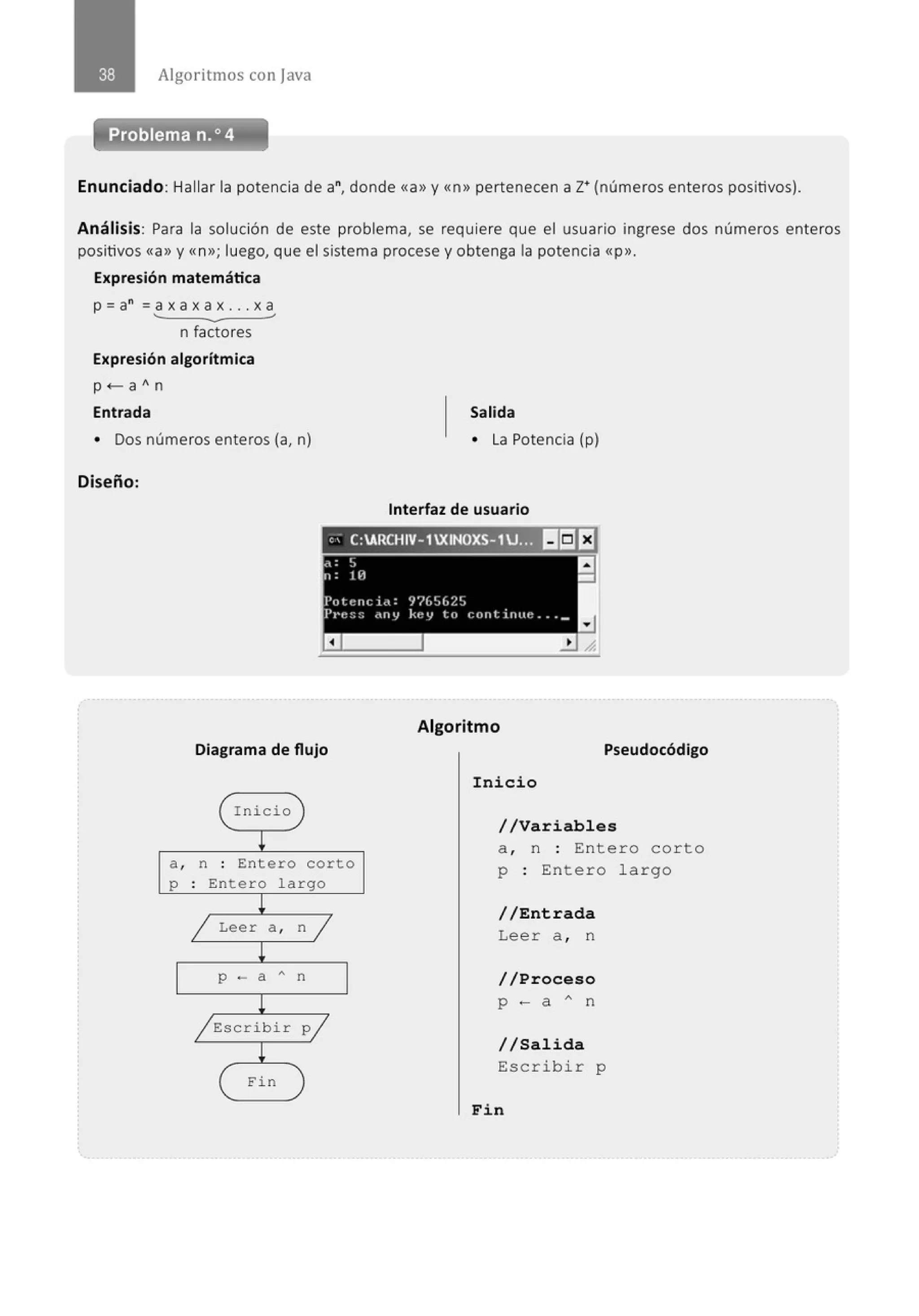 Algoritmos con j ava
Problema n.o 4
-
Enunciado: Hallar la potencia de a", donde <<a>> y<<n» pertenecen a z• (números enteros positivos).
Análisis: Para la solución de este problema, se requiere que el usuario ingrese dos números enteros
positivos «a» y <<n»; luego, que el sistema procese y obtenga la potencia <<p».
Expresión matemática
p =a" =a x a x a x .. . x a
n factores
Expresión algorítmica
p +- aA n
Entrada
• Dos números enteros (a, n)
Diseño:
Salida
• La Potencia (p)
Interfaz de usuario
, ' C:ARCHIV- 1XINOXS-1U, ., II:JEJ
~ = ~~ a
n: 1"' -
Pot1~nc i.t: 'J'/ít!tít/.~,
l'1·e~;s <tly key to t:ontitllle ••• _
a
Algoritmo
Diagrama de flujo Pseudocódigo
Inicio
a , n : Ente ro co rto
p : Entero largo
a , n
p - a "' n
Escribir p
Fin
Ini cio
//Variables
a , n : Entero corto
p : Entero l a r go
//Entrada
Leer a , n
//Proceso
p - a " n
//Salida
Escribir p
Fin
 