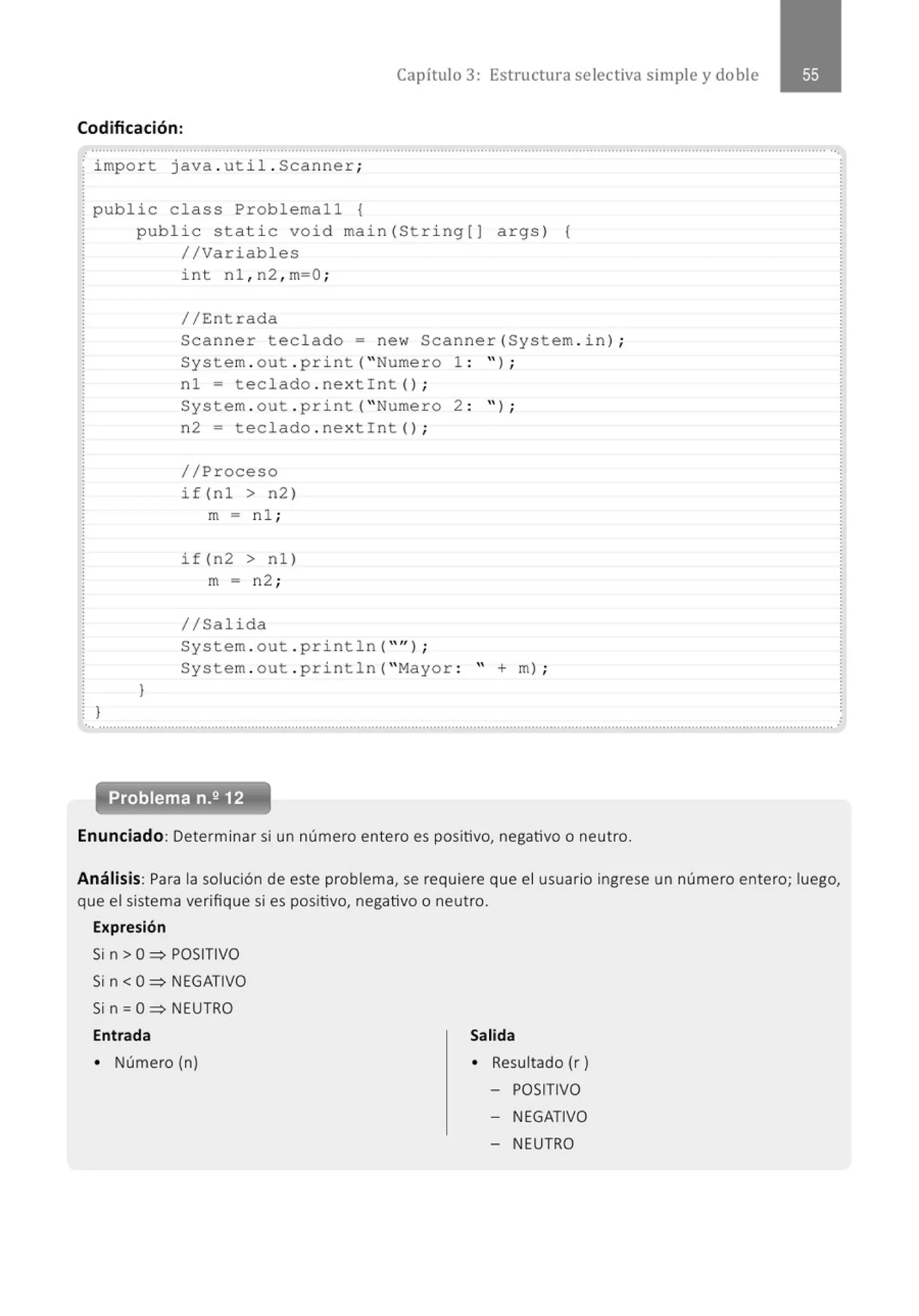 Capítulo 3: Estructura selectiva simple y doble
Codificación:
........................................................................................................................................................................................................... ...
¡ impo r t java . uti l. Scanner ;
¡ public cla ss Problemall {
public stati c void main(St ri ng[J args ) {
//Variables
l
}
int nl , n2 , m=O ;
//Entrada
Scanne r teclado= ne w Scanner (System . i n) ;
System . out . p ri nt ("Nume r o 1 : " ) ;
nl = teclado . nex t!nt () ;
System . out . p ri nt ("Nume r o 2 : " ) ;
n2 = teclado . nextint () ;
//Pr oceso
if (nl > n2)
m = n l ;
if (n2 > nl )
m = n2 ;
1/Salida
System . out . p ri nt l n( "'' ) ;
System . out . println ("Mayor : " + m) ;
..............................................................................................................................................................................................................
Enunciado: Determinar si un número entero es positivo, negativo o neutro.
Análisis: Para la solución de este problema, se requiere que el usuario ingrese un número entero; luego,
que el sistema verifique si es positivo, negativo o neutro.
Expresión
Si n > O=> POSITIVO
Si n< O=> NE
GATIVO
Sin= O=> NEUTRO
Entrada
• Número (n)
Salida
• Resultado (r )
- POSITIVO
- NEGATIVO
- NEUTRO
 