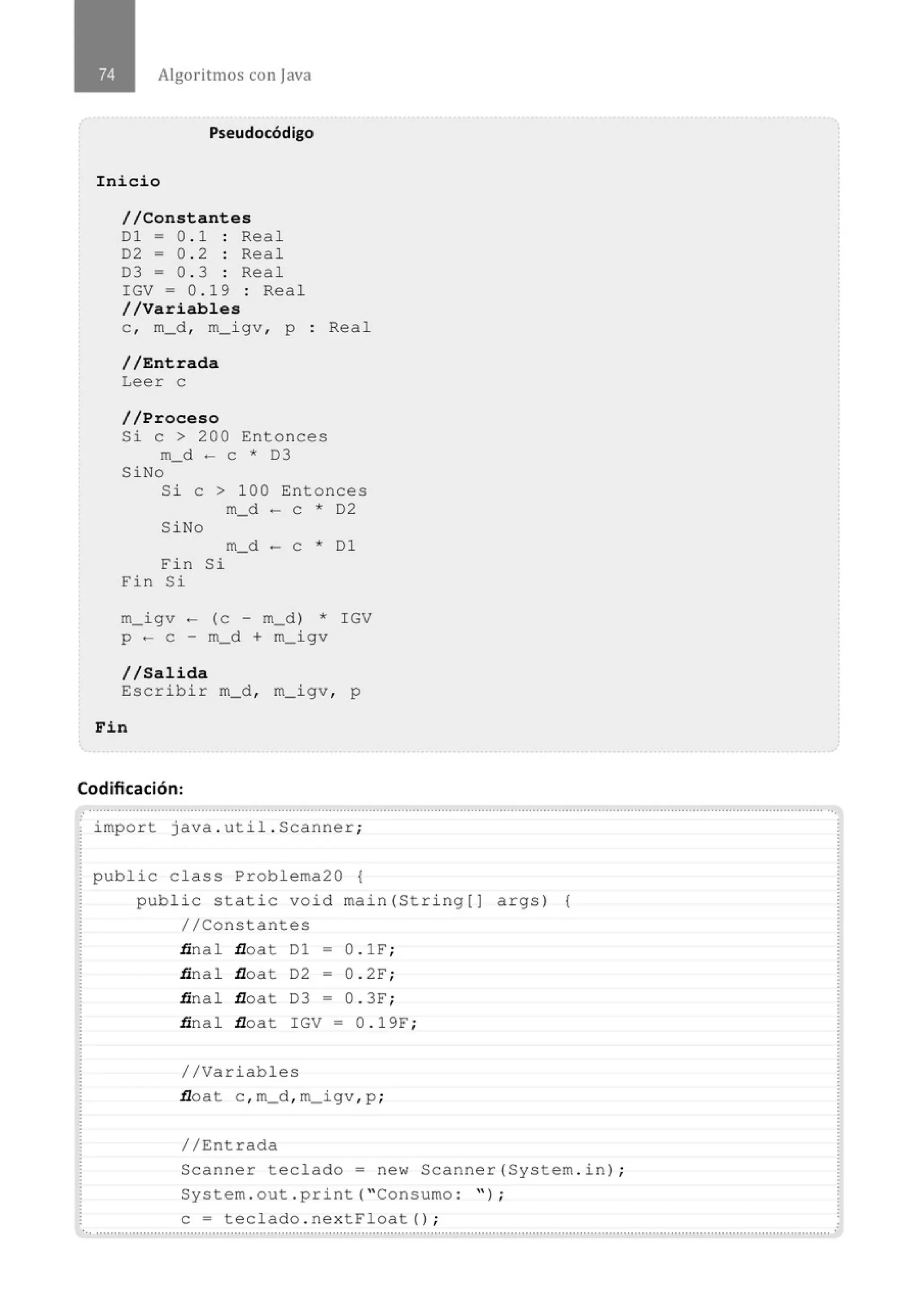 Algoritmos con java
Pseudocódigo
Inicio
//Constantes
01 - 0 . 1 Real
D2 = 0 . 2 : Real
D3 = 0 . 3 : Real
IGV = 0 . 19 : Real
//Variables
e , m_d, m_igv , p : Real
//Entrada
Leer e
//Proceso
Si e > 200 Entonces
m_d - e * 03
SiNo
Si e > 100 Entonces
m_d - e * 02
SiNo
m_d - e * 01
Fin Si
Fin Si
m_igv - (e - m_d) * IGV
p - e - m_d + m_igv
1/Salida
Escribir m_d, m_igv, p
Fin
Codificación:
.. ............................................................................................................................................................................................................
import java . uti l . Scanner;
public c las s Problema20 {
public stati c void main (S tring [ J args) {
//Constantes
final float 01 - O. lF;
final float 02 - 0 . 2F;
final float 03 - 0 . 3F;
final float IGV - 0 . 19F;
//Variables
float c , m_d , m_igv , p ;
//Entrada
Scanner teclado= new Scanner(System . in ) ;
System . out . print( "Consumo : " ) ;
e= teclado . nextFloat() ;
·............................................................................................................................................................................................................
 