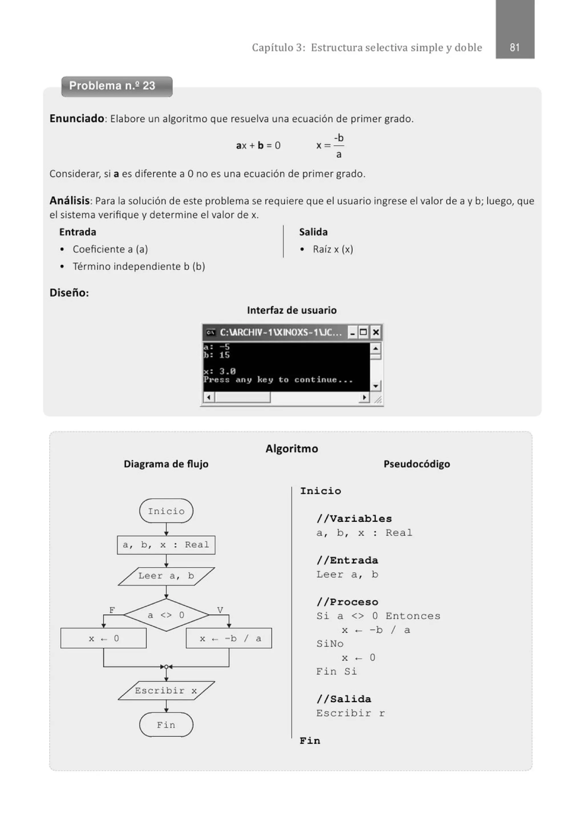Capítulo 3 : Estructura selectiva simple y do ble
Enunciado: Elabore un algoritmo que resuelva una ecuación de primer grado.
ax + b = O
-b
x = -
a
Considerar, si a es diferente a Ono es una ecuación de primer grado.
Análisis: Para la solución de este problema se requiere que el usuario ingrese el valor de a y b; luego, que
el sistema verifique y determine el valor de x.
Entrada Salida
• Coeficiente a (a)
• Término independiente b (b)
Diseño:
Diagrama de flujo
Inicio
a , b , x Rea l
Leer a , b
• Raíz x (x)
Interfaz de usuario
Algoritmo
Pseudocódigo
Inicio
//Variables
a , b , x : Real
//Entrada
Leer a , b
//Proceso
X - 0 x ·- -b 1 a
Si a <> O Entonces
x - - b 1 a
SiNo
Escribir x
Fin
X - 0
E'i n Si
//Salida
Escrib i r r
Fin
 