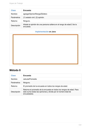 Clase Encuesta
Nombre agregarOpinionRango2Soltero
Parámetros (1) estado civil, (2) opinión.
Retorno Ninguno.
Descripción
Añade la opinión de una persona soltera en el rango de edad 2 de la
encuesta.
Implementación en Java
Método 8
Clase Encuesta
Nombre calcularPromedio
Parámetros Ninguno.
Retorno El promedio de la encuesta en todos los rangos de edad.
Descripción
Retorna el promedio de la encuesta en todos los rangos de edad. Para
esto suma todas las opiniones y divide por el número total de
encuestados.
Hojas de Trabajo
131
 