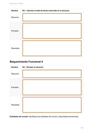 Nombre R3 – Calcular el total de dinero ahorrado en la alcancía.
Resumen
Entradas
Resultado
Requerimiento Funcional 4
Nombre R4 – Romper la alcancía.
Resumen
Entradas
Resultado
Entidades del mundo. Identique las entidades del mundo y descríbalas brevemente.
Hojas de Trabajo
136
 