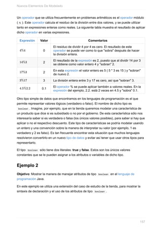Un operador que se utiliza frecuentemente en problemas aritméticos es el operador módulo
( % ). Este operador calcula el residuo de la división entre dos valores, y se puede utilizar
tanto en expresiones enteras como reales. La siguiente tabla muestra el resultado de aplicar
dicho operador en varias expresiones.
Expresión Valor Comentarios
4%4 0
El residuo de dividir 4 por 4 es cero. El resultado de este
operador se puede ver como lo que "sobra" después de hacer
la división entera.
14%3 2
El resultado de la expresión es 2, puesto que al dividir 14 por 3
se obtiene como valor entero 4 y "sobran" 2.
17%3 2
En esta expresión el valor entero es 5 ( 5 * 3 es 15 ) y "sobran"
de nuevo 2.
3%17 3 La división entera entre 3 y 17 es cero, así que "sobran" 3.
4.5%2.2 0.1
El operador % se puede aplicar también a valores reales. En la
expresión del ejemplo, 2.2. está 2 veces en 4.5 y "sobra" 0.1.
Otro tipo simple de datos que encontramos en los lenguajes de programación es el que
permite representar valores lógicos (verdadero o falso). El nombre de dicho tipo es
boolean . Imagine, por ejemplo, que en la tienda queremos modelar una característica de
un producto que dice si es subsidiado o no por el gobierno. De esta característica sólo nos
interesaría saber si es verdadera o falsa (los únicos valores posibles), para saber si hay que
aplicar o no el respectivo descuento. Este tipo de características se podría modelar usando
un entero y una convención sobre la manera de interpretar su valor (por ejemplo, 1 es
verdadero y 2 es falso). Es tan frecuente encontrar esta situación que muchos lenguajes
resolvieron convertirlo en un nuevo tipo de datos y evitar así tener que usar otros tipos para
representarlo.
El tipo boolean sólo tiene dos literales: true y false. Estos son los únicos valores
constantes que se le pueden asignar a los atributos o variables de dicho tipo.
Ejemplo 2
Objetivo: Mostrar la manera de manejar atributos de tipo boolean en el lenguaje de
programación Java.
En este ejemplo se utiliza una extensión del caso de estudio de la tienda, para mostrar la
sintaxis de declaración y el uso de los atributos de tipo boolean .
Nuevos Elementos De Modelado
157
 