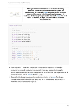 El diagrama de clases consta de las clases Tienda y
Producto, con 4 asociaciones entre ellos (todas de
cardinalidad 1). Para cada clase se muestran los atributos
que modelan las características importantes para el
problema. Entre los principales atributos de la clase Producto
están su nombre, su tipo, su valor unitario antes de
impuestos, etc.
public class Tienda
{
//---------------------------------
// Atributos
//---------------------------------
private Producto producto1;
private Producto producto2;
private Producto producto3;
private Producto producto4;
private double dineroEnCaja;
...
//-------------------------------------------
//Métodos
//-------------------------------------------
public Producto darProducto1( ) { ... }
public Producto darProducto2( ) { ... }
public Producto darProducto3( ) { ... }
public Producto darProducto4( ) { ... }
public double darDineroEnCaja( ) { ... }
}
Se modelan los 4 productos, unidos a la tienda con las asociaciones llamadas
producto1, producto2, producto3 y producto4. Fíjese que las asociaciones y los
atributos se declaran siguiendo la misma sintaxis. El dinero total que hay en caja de la
tienda se modela con un atributo de tipo double .
Esta es la lista de signaturas de algunos de los métodos de la clase Tienda que
utilizaremos en la siguiente sección. Esta lista se irá completando poco a poco, a
medida que avancemos en el capítulo.
Nuevos Elementos De Modelado
167
 
