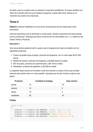 de datos, pero en nuestro caso se utilizará un escenario predefinido. Si quiere modificar los
datos de la tienda sobre los que trabaja el programa, puede darle otros valores en el
momento de construir las instancias.
Tarea 4
Objetivo: Generar habilidad en el uso de los constructores de las clases para crear
escenarios
Cree los escenarios que se describen a continuación, dando la secuencia de instrucciones
que los construyen. Suponga que dicha construcción se hace desde una clase externa a las
clases Tienda y Producto.
Escenario 1
Una nueva tienda acaba de abrir y quiere usar el programa del caso de estudio con los
siguientes productos:
1. Frasco de jarabe (para la gripe), producto de droguería, con un valor base de $7.200
pesos.
2. Botella de alcohol, producto de droguería, a $2.800 pesos la unidad.
3. Kilo de queso, producto de supermercado, a $4.100 la unidad.
4. Resaltador, producto de papelería, a $3.500 la unidad.
La siguiente tabla resume el inventario inicial de la tienda y el tope mínimo que se debe
alcanzar para poder hacer un nuevo pedido. Suponga que el valor inicial en caja es cero
pesos.
Producto Cantidad en bodega Tope mínimo
jarabe 14 10
alcohol 12 8
queso 10 4
resaltador 20 10
Código
public Tienda( )
{
producto1 = new Producto( Tipo.DROGUERIA, "jarabe", 7200.0, 14, 10 );
producto2 = new Producto( Tipo.DROGUERIA, "alcohol", 2800.0, 12, 8 );
producto3 = new Producto( Tipo.SUPERMERCADO, "queso", 4100.0, 10, 4 );
producto4 = new Producto( Tipo.PAPELERIA, "resaltador", 3500.0, 20, 10 );
}
Clases y Objetos
195
 