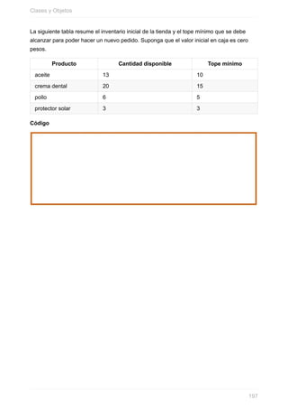 La siguiente tabla resume el inventario inicial de la tienda y el tope mínimo que se debe
alcanzar para poder hacer un nuevo pedido. Suponga que el valor inicial en caja es cero
pesos.
Producto Cantidad disponible Tope mínimo
aceite 13 10
crema dental 20 15
pollo 6 5
protector solar 3 3
Código
Clases y Objetos
197
 
