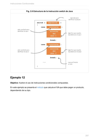 Fig. 2.6 Estructura de la instrucción switch de Java
Ejemplo 12
Objetivo: Ilustrar el uso de instrucciones condicionales compuestas.
En este ejemplo se presenta el método que calcula el IVA que debe pagar un producto,
dependiendo de su tipo.
Instrucciones Condicionales
207
 