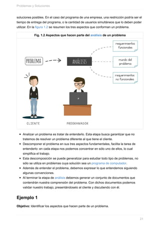 soluciones posibles. En el caso del programa de una empresa, una restricción podría ser el
tiempo de entrega del programa, o la cantidad de usuarios simultáneos que lo deben poder
utilizar. En la figura 1.2 se resumen los tres aspectos que conforman un problema.
Fig. 1.2 Aspectos que hacen parte del análisis de un problema
Analizar un problema es tratar de entenderlo. Esta etapa busca garantizar que no
tratemos de resolver un problema diferente al que tiene el cliente.
Descomponer el problema en sus tres aspectos fundamentales, facilita la tarea de
entenderlo: en cada etapa nos podemos concentrar en sólo uno de ellos, lo cual
simplifica el trabajo.
Esta descomposición se puede generalizar para estudiar todo tipo de problemas, no
sólo se utiliza en problemas cuya solución sea un programa de computador.
Además de entender el problema, debemos expresar lo que entendemos siguiendo
algunas convenciones.
Al terminar la etapa de análisis debemos generar un conjunto de documentos que
contendrán nuestra comprensión del problema. Con dichos documentos podemos
validar nuestro trabajo, presentándoselo al cliente y discutiendo con él.
Ejemplo 1
Objetivo: Identificar los aspectos que hacen parte de un problema.
Problemas y Soluciones
21
 