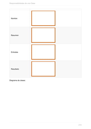 Nombre
Resumen
Entradas
Resultado
Diagrama de clases:
Responsabilidades de una Clase
214
 