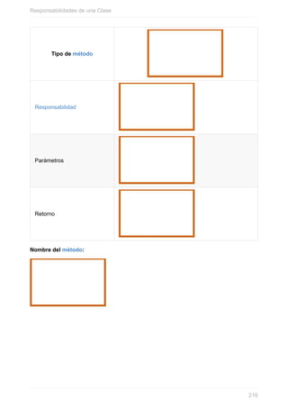 Tipo de método
Responsabilidad
Parámetros
Retorno
Nombre del método:
Responsabilidades de una Clase
216
 