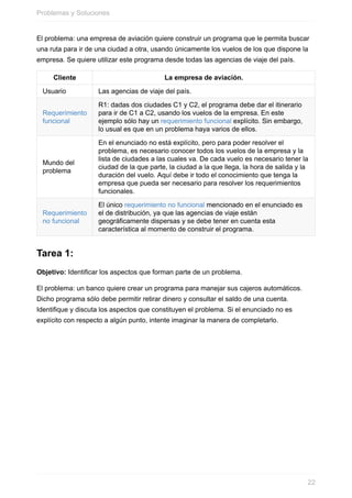 El problema: una empresa de aviación quiere construir un programa que le permita buscar
una ruta para ir de una ciudad a otra, usando únicamente los vuelos de los que dispone la
empresa. Se quiere utilizar este programa desde todas las agencias de viaje del país.
Cliente La empresa de aviación.
Usuario Las agencias de viaje del país.
Requerimiento
funcional
R1: dadas dos ciudades C1 y C2, el programa debe dar el itinerario
para ir de C1 a C2, usando los vuelos de la empresa. En este
ejemplo sólo hay un requerimiento funcional explícito. Sin embargo,
lo usual es que en un problema haya varios de ellos.
Mundo del
problema
En el enunciado no está explícito, pero para poder resolver el
problema, es necesario conocer todos los vuelos de la empresa y la
lista de ciudades a las cuales va. De cada vuelo es necesario tener la
ciudad de la que parte, la ciudad a la que llega, la hora de salida y la
duración del vuelo. Aquí debe ir todo el conocimiento que tenga la
empresa que pueda ser necesario para resolver los requerimientos
funcionales.
Requerimiento
no funcional
El único requerimiento no funcional mencionado en el enunciado es
el de distribución, ya que las agencias de viaje están
geográficamente dispersas y se debe tener en cuenta esta
característica al momento de construir el programa.
Tarea 1:
Objetivo: Identificar los aspectos que forman parte de un problema.
El problema: un banco quiere crear un programa para manejar sus cajeros automáticos.
Dicho programa sólo debe permitir retirar dinero y consultar el saldo de una cuenta.
Identifique y discuta los aspectos que constituyen el problema. Si el enunciado no es
explícito con respecto a algún punto, intente imaginar la manera de completarlo.
Problemas y Soluciones
22
 