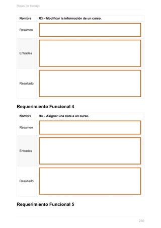 Nombre R3 – Modificar la información de un curso.
Resumen
Entradas
Resultado
Requerimiento Funcional 4
Nombre R4 – Asignar una nota a un curso.
Resumen
Entradas
Resultado
Requerimiento Funcional 5
Hojas de trabajo
230
 