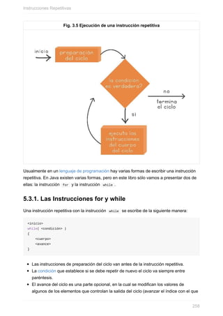 Fig. 3.5 Ejecución de una instrucción repetitiva
Usualmente en un lenguaje de programación hay varias formas de escribir una instrucción
repetitiva. En Java existen varias formas, pero en este libro sólo vamos a presentar dos de
ellas: la instrucción for y la instrucción while .
5.3.1. Las Instrucciones for y while
Una instrucción repetitiva con la instrucción while se escribe de la siguiente manera:
<inicio>
while( <condición> )
{
<cuerpo>
<avance>
}
Las instrucciones de preparación del ciclo van antes de la instrucción repetitiva.
La condición que establece si se debe repetir de nuevo el ciclo va siempre entre
paréntesis.
El avance del ciclo es una parte opcional, en la cual se modifican los valores de
algunos de los elementos que controlan la salida del ciclo (avanzar el índice con el que
Instrucciones Repetitivas
258
 