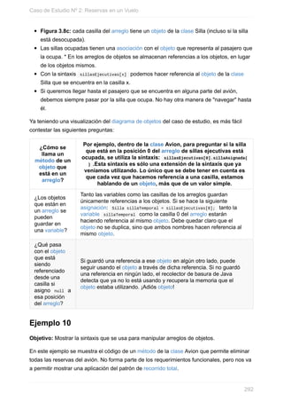 Figura 3.8c: cada casilla del arreglo tiene un objeto de la clase Silla (incluso si la silla
está desocupada).
Las sillas ocupadas tienen una asociación con el objeto que representa al pasajero que
la ocupa. * En los arreglos de objetos se almacenan referencias a los objetos, en lugar
de los objetos mismos.
Con la sintaxis sillasEjecutivas[x] podemos hacer referencia al objeto de la clase
Silla que se encuentra en la casilla x.
Si queremos llegar hasta el pasajero que se encuentra en alguna parte del avión,
debemos siempre pasar por la silla que ocupa. No hay otra manera de "navegar" hasta
él.
Ya teniendo una visualización del diagrama de objetos del caso de estudio, es más fácil
contestar las siguientes preguntas:
¿Cómo se
llama un
método de un
objeto que
está en un
arreglo?
Por ejemplo, dentro de la clase Avion, para preguntar si la silla
que está en la posición 0 del arreglo de sillas ejecutivas está
ocupada, se utiliza la sintaxis: sillasEjecutivas[0].sillaAsignada(
) .Esta sintaxis es sólo una extensión de la sintaxis que ya
veníamos utilizando. Lo único que se debe tener en cuenta es
que cada vez que hacemos referencia a una casilla, estamos
hablando de un objeto, más que de un valor simple.
¿Los objetos
que están en
un arreglo se
pueden
guardar en
una variable?
Tanto las variables como las casillas de los arreglos guardan
únicamente referencias a los objetos. Si se hace la siguiente
asignación: Silla sillaTemporal = sillasEjecutivas[0]; tanto la
variable sillaTemporal como la casilla 0 del arreglo estarán
haciendo referencia al mismo objeto. Debe quedar claro que el
objeto no se duplica, sino que ambos nombres hacen referencia al
mismo objeto.
¿Qué pasa
con el objeto
que está
siendo
referenciado
desde una
casilla si
asigno null a
esa posición
del arreglo?
Si guardó una referencia a ese objeto en algún otro lado, puede
seguir usando el objeto a través de dicha referencia. Si no guardó
una referencia en ningún lado, el recolector de basura de Java
detecta que ya no lo está usando y recupera la memoria que el
objeto estaba utilizando. ¡Adiós objeto!
Ejemplo 10
Objetivo: Mostrar la sintaxis que se usa para manipular arreglos de objetos.
En este ejemplo se muestra el código de un método de la clase Avion que permite eliminar
todas las reservas del avión. No forma parte de los requerimientos funcionales, pero nos va
a permitir mostrar una aplicación del patrón de recorrido total.
Caso de Estudio Nº 2: Reservas en un Vuelo
292
 