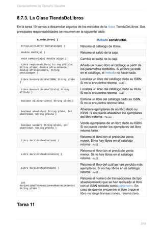 8.7.3. La Clase TiendaDeLibros
En la tarea 10 vamos a desarrollar algunos de los métodos de la clase TiendaDeLibros. Sus
principales responsabilidades se resumen en la siguiente tabla:
TiendaLibros( ) Método constructor.
ArrayList<Libro> darCatalogo( ) Retorna el catálogo de libros.
double darCaja( ) Retorna el saldo de la caja.
void cambiarCaja( double pCaja ) Cambia el saldo de la caja.
Libro registrarLibro( String pTitulo,
String pIsbn, double pPrecioVenta,
double pPrecioCompra, String
pRutaImagen )
Añade un nuevo libro al catálogo a partir de
los parámetros recibidos. Si el libro ya está
en el catálogo, el método no hace nada.
Libro buscarLibroPorISBN( String pIsbn
)
Localiza un libro del catálogo dado su ISBN.
Si no lo encuentra retorna null .
Libro buscarLibroPorTitulo( String
pTitulo )
Localiza un libro del catálogo dado su título.
Si no lo encuentra retorna null .
boolean eliminarLibro( String pIsbn )
Elimina un libro del catálogo dado su ISBN.
Si no lo encuentra retorna false.
boolean abastecer( String pIsbn, int
pCantidad, String pFecha )
Abastece ejemplares de un libro dado su
ISBN. Si no puede abastecer los ejemplares
del libro retorna false .
boolean vender( String pIsbn, int
pCantidad, String pFecha )
Vende ejemplares de un libro dado su ISBN.
Si no puede vender los ejemplares del libro
retorna false.
Libro darLibroMasCostoso( )
Retorna el libro con el precio de venta
mayor. Si no hay libros en el catálogo
retorna null .
Libro darLibroMasEconomico( )
Retorna el libro con el precio de venta
menor. Si no hay libros en el catálogo
retorna null .
Libro darLibroMasVendido( )
Retorna el libro del cuál se han vendido más
ejemplares. Si no hay libros en el catálogo
retorna null .
int
darCantidadTransaccionesAbastecimiento(
String pIsbn )
Retorna el número de transacciones de tipo
abastecimiento que se han realizado al libro
con el ISBN recibido como parámetro. En
caso de que no encuentre el libro o que el
libro no tenga transacciones, retorna cero.
Tarea 11
Contenedoras de Tamaño Variable
319
 