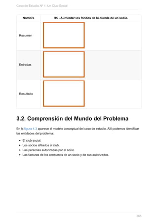 Nombre R5 - Aumentar los fondos de la cuenta de un socio.
Resumen
Entradas
Resultado
3.2. Comprensión del Mundo del Problema
En la figura 4.3 aparece el modelo conceptual del caso de estudio. Allí podemos identificar
las entidades del problema:
El club social.
Los socios afiliados al club.
Las personas autorizadas por el socio.
Las facturas de los consumos de un socio y de sus autorizados.
Caso de Estudio Nº 1: Un Club Social
368
 