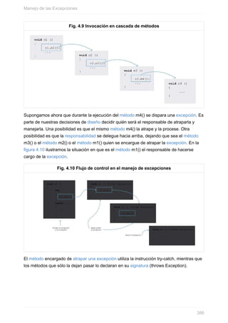 Fig. 4.9 Invocación en cascada de métodos
Supongamos ahora que durante la ejecución del método m4() se dispara una excepción. Es
parte de nuestras decisiones de diseño decidir quién será el responsable de atraparla y
manejarla. Una posibilidad es que el mismo método m4() la atrape y la procese. Otra
posibilidad es que la responsabilidad se delegue hacia arriba, dejando que sea el método
m3() o el método m2() o el método m1() quien se encargue de atrapar la excepción. En la
figura 4.10 ilustramos la situación en que es el método m1() el responsable de hacerse
cargo de la excepción.
Fig. 4.10 Flujo de control en el manejo de excepciones
El método encargado de atrapar una excepción utiliza la instrucción try-catch, mientras que
los métodos que sólo la dejan pasar lo declaran en su signatura (throws Exception).
Manejo de las Excepciones
386
 