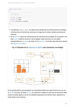 public class Bodega
{
//-------------------------------
// Atributos
//-------------------------------
private int maxX;
private int maxY;
private ArrayList columnas;
}
```
Los atributos maxX y maxY se utilizan para representar las dimensiones de la bodega:
el primero dice el número de columnas y el segundo el número máximo de cubos por
columna.
En el atributo "columnas" almacenamos las columnas de la bodega. En la posición x de
este vector, estará la columna x de la bodega. Cada columna a su vez estará
representada por un vector de cubos. En la figura 4.14 se ilustra esta estructura usando
un diagrama de objetos.
Fig. 4.14 Ejemplo de un diagrama de objetos para representar una bodega
En la representación que escogimos, es importante señalar que cada columna es a su vez
un vector de cubos. En dicho vector, en la posición 0 estará el cubo que se encuentra sobre
el piso (si existe alguno) y de ahí en adelante aparecerán los demás cubos, siguiendo su
orden dentro de la columna.
Caso de Estudio Nº 2: Un Brazo Mecánico
403
 