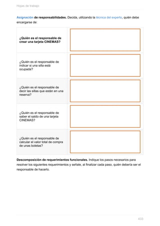 Asignación de responsabilidades. Decida, utilizando la técnica del experto, quién debe
encargarse de:
¿Quién es el responsable de
crear una tarjeta CINEMAS?
¿Quién es el responsable de
indicar si una silla está
ocupada?
¿Quién es el responsable de
decir las sillas que están en una
reserva?
¿Quién es el responsable de
saber el saldo de una tarjeta
CINEMAS?
¿Quién es el responsable de
calcular el valor total de compra
de unas boletas?
Descomposición de requerimientos funcionales. Indique los pasos necesarios para
resolver los siguientes requerimientos y señale, al nalizar cada paso, quién debería ser el
responsable de hacerlo.
Hojas de trabajo
433
 