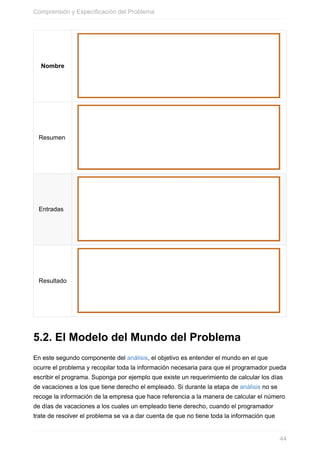 Nombre
Resumen
Entradas
Resultado
5.2. El Modelo del Mundo del Problema
En este segundo componente del análisis, el objetivo es entender el mundo en el que
ocurre el problema y recopilar toda la información necesaria para que el programador pueda
escribir el programa. Suponga por ejemplo que existe un requerimiento de calcular los días
de vacaciones a los que tiene derecho el empleado. Si durante la etapa de análisis no se
recoge la información de la empresa que hace referencia a la manera de calcular el número
de días de vacaciones a los cuales un empleado tiene derecho, cuando el programador
trate de resolver el problema se va a dar cuenta de que no tiene toda la información que
Comprensión y Especificación del Problema
44
 