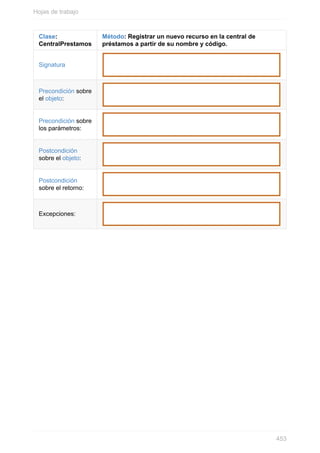 Clase:
CentralPrestamos
Método: Registrar un nuevo recurso en la central de
préstamos a partir de su nombre y código.
Signatura
Precondición sobre
el objeto:
Precondición sobre
los parámetros:
Postcondición
sobre el objeto:
Postcondición
sobre el retorno:
Excepciones:
Hojas de trabajo
453
 