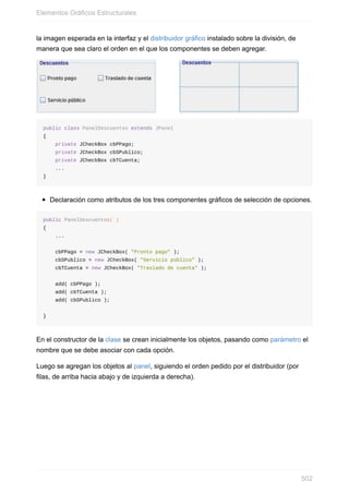 la imagen esperada en la interfaz y el distribuidor gráfico instalado sobre la división, de
manera que sea claro el orden en el que los componentes se deben agregar.
public class PanelDescuentos extends JPanel
{
private JCheckBox cbPPago;
private JCheckBox cbSPublico;
private JCheckBox cbTCuenta;
...
}
Declaración como atributos de los tres componentes gráficos de selección de opciones.
public PanelDescuentos( )
{
...
cbPPago = new JCheckBox( "Pronto pago" );
cbSPublico = new JCheckBox( "Servicio público" );
cbTCuenta = new JCheckBox( "Traslado de cuenta" );
add( cbPPago );
add( cbTCuenta );
add( cbSPublico );
}
En el constructor de la clase se crean inicialmente los objetos, pasando como parámetro el
nombre que se debe asociar con cada opción.
Luego se agregan los objetos al panel, siguiendo el orden pedido por el distribuidor (por
filas, de arriba hacia abajo y de izquierda a derecha).
Elementos Gráficos Estructurales
502
 