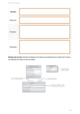 Nombre
Resumen
Entradas
Resultado
Modelo del mundo. Estudie el diagrama de clases que implementa el modelo del mundo y
los métodos de cada una de las clases.
Hojas de trabajo
533
 