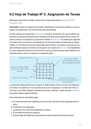 9.2 Hoja de Trabajo Nº 2: Asignación de Tareas
Descargue esta hoja de trabajo a través de los siguientes enlaces: Descargar PDF |
Descargar Word.
Enunciado. Analice el siguiente enunciado e identique el mundo del problema, lo que se
espera de la aplicación y las restricciones para desarrollarla.
En todo proceso es importante la asignación de tareas, actividad en la cual se denen los
recursos (en particular personas) que necesita cada tarea para poderse llevar a cabo. Se
quiere construir una aplicación que permita manejar la asignación de tareas para organizar
una fiesta, de forma similar a una planilla (en las columnas están las tareas que se deben
realizar y en las las las personas disponibles para hacerlo). Las tareas y las personas ya
están denidas desde el comienzo del programa (se cargan de un archivo de propiedades).
En cada casilla de la planilla va el número de horas que dicha persona debe dedicarle a la
respectiva tarea, como se muestra en la siguiente gura:
La aplicación debe permitir que se asigne un determinado número de horas de trabajo de
una tarea a una persona. Si a una persona ya se le ha asignado un número de horas en
una tarea, es posible reasignar (cambiar) ese tiempo. Además, a partir de esta asignación,
se quieren realizar algunos cálculos:
Para cada tarea es importante saber:
El número de personas asignadas (las que tienen más de 0 horas asignadas para la
tarea
El total de horas asignadas.
La persona con más horas asignadas a la tarea.
El promedio de horas por persona.
El porcentaje de trabajo que representa una tarea respecto del total de tareas.
Hojas de trabajo
616
 