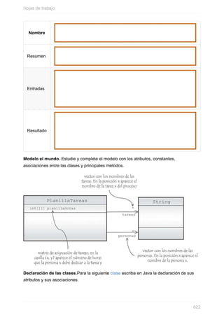 Nombre
Resumen
Entradas
Resultado
Modelo el mundo. Estudie y complete el modelo con los atributos, constantes,
asociaciones entre las clases y principales métodos.
Declaración de las clases.Para la siguiente clase escriba en Java la declaración de sus
atributos y sus asociaciones.
Hojas de trabajo
622
 