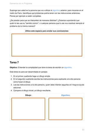 Suponga que usted es la persona que va a utilizar el algoritmo anterior, para moverse en el
metro de París. Identifique qué problemas podría tener con las instrucciones anteriores.
Piense por ejemplo si están completas.
¿Se prestan para que se interpreten de maneras distintas? ¿Estamos suponiendo que
quién lo lee usa su "sentido común", o cualquier persona que lo use va a resolver siempre el
problema de la misma manera?
Utilice este espacio para anotar sus conclusiones:
Tarea 7
Objetivo: Entender la complejidad que tiene la tarea de escribir un algoritmo.
Esta tarea es para ser desarrollada en parejas:
1. En el primer cuadrante haga un dibujo simple.
2. En el segundo cuadrante escriba las instrucciones para explicarle a la otra persona
cómo hacer el dibujo.
3. Lea las instrucciones a la otra persona, quien debe intentar seguirlas sin ninguna ayuda
adicional.
4. Compare el dibujo inicial y el dibujo resultante.
Dibujo: Algoritmo
Elementos de un Programa
63
 