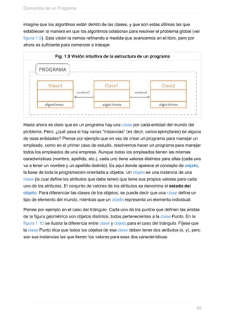 imagine que los algoritmos están dentro de las clases, y que son estas últimas las que
establecen la manera en que los algoritmos colaboran para resolver el problema global (ver
figura 1.9). Esta visión la iremos refinando a medida que avancemos en el libro, pero por
ahora es suficiente para comenzar a trabajar.
Fig. 1.9 Visión intuitiva de la estructura de un programa
Hasta ahora es claro que en un programa hay una clase por cada entidad del mundo del
problema. Pero, ¿qué pasa si hay varias "instancias" (es decir, varios ejemplares) de alguna
de esas entidades? Piense por ejemplo que en vez de crear un programa para manejar un
empleado, como en el primer caso de estudio, resolvemos hacer un programa para manejar
todos los empleados de una empresa. Aunque todos los empleados tienen las mismas
características (nombre, apellido, etc.), cada uno tiene valores distintos para ellas (cada uno
va a tener un nombre y un apellido distinto). Es aquí donde aparece el concepto de objeto,
la base de toda la programación orientada a objetos. Un objeto es una instancia de una
clase (la cual define los atributos que debe tener) que tiene sus propios valores para cada
uno de los atributos. El conjunto de valores de los atributos se denomina el estado del
objeto. Para diferenciar las clases de los objetos, se puede decir que una clase define un
tipo de elemento del mundo, mientras que un objeto representa un elemento individual.
Piense por ejemplo en el caso del triángulo. Cada uno de los puntos que definen las aristas
de la figura geométrica son objetos distintos, todos pertenecientes a la clase Punto. En la
figura 1.10 se ilustra la diferencia entre clase y objeto para el caso del triángulo. Fíjese que
la clase Punto dice que todos los objetos de esa clase deben tener dos atributos (x, y), pero
son sus instancias las que tienen los valores para esas dos características.
Elementos de un Programa
65
 