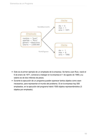 Este es el primer ejemplo de un empleado de la empresa. Se llama Juan Ruiz, nació el
6 de enero de 1971, comenzó a trabajar en la empresa el 1 de agosto de 1990 y su
salario es de dos millones de pesos.
Durante la ejecución de un programa pueden aparecer tantos objetos como sean
necesarios, para representar el mundo del problema. Si en la empresa hay 500
empleados, en la ejecución del programa habrá 1500 objetos representándolos (3
objetos por empleado).
Elementos de un Programa
69
 