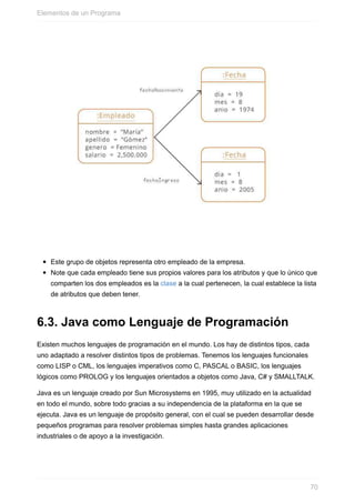 Este grupo de objetos representa otro empleado de la empresa.
Note que cada empleado tiene sus propios valores para los atributos y que lo único que
comparten los dos empleados es la clase a la cual pertenecen, la cual establece la lista
de atributos que deben tener.
6.3. Java como Lenguaje de Programación
Existen muchos lenguajes de programación en el mundo. Los hay de distintos tipos, cada
uno adaptado a resolver distintos tipos de problemas. Tenemos los lenguajes funcionales
como LISP o CML, los lenguajes imperativos como C, PASCAL o BASIC, los lenguajes
lógicos como PROLOG y los lenguajes orientados a objetos como Java, C# y SMALLTALK.
Java es un lenguaje creado por Sun Microsystems en 1995, muy utilizado en la actualidad
en todo el mundo, sobre todo gracias a su independencia de la plataforma en la que se
ejecuta. Java es un lenguaje de propósito general, con el cual se pueden desarrollar desde
pequeños programas para resolver problemas simples hasta grandes aplicaciones
industriales o de apoyo a la investigación.
Elementos de un Programa
70
 