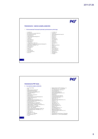 2011-07-26




     Doświadczenia – wybrane projekty audytorskie


     1. Audyt sprawozdań finansowych jednostek zainteresowania publicznego

          ZELMER S.A.                                              ZL ORZEŁ S.A.
          BBI Capital NFI S.A. (daw. VII NFI S.A.)                 Complex S.A.
          BBI Development NFI S.A.                                 Platforma Mediowa Point Group S.A.
          Seco/Warwick S.A.                                        Bipromet S.A.
          Zakłady Magnezytowe Ropczyce S.A.                        Bumech S.A.
          Jutrzenka S.A.                                           Kompap S.A.
          Lubawa S.A.                                              ATM Grupa S.A.
          WÓLCZANKA S.A.                                           Power Media S.A.
          Vistula Group S.A.                                       Hardex S.A.
          PROCHEM S.A.                                             Polcolorit S.A.
          „Energomontaż – Północ” S.A.                             Pani Teresa S.A.
          Koszalińskie Przedsiębiorstwo Przemysłu Drzewnego S.A.   Tell S.A.
          Zakłady Mięsne „POZMEAT” S.A.                            Magna Polonia NFI SA
          Atlanta Poland S.A.                                      HAWE S.A.
          CP Energia S.A.                                          Nepentes S.A.
          Sanwil S.A.                                              GPM Vindexus S.A.
          POLNA SA                                                 Centrum Klima S.A.
          Stomil Sanok SA                                          EKO HOLDING S.A.
          Ponar Wadowice S.A.                                      INTAKUS S.A.
          HELIO S.A.                                               SWISSMED S.A.
                                                                   EC Będzin




15




     Doświadczenia PKF Audyt …
     2. Inne wybrane projekty audytorskie
          ppup Poczta Polska                                       Stanley Fastening Systems Poland Sp. z o. o.
          ZUS                                                      PHP Mercus Sp. z o.o. – Grupa KGHM
          Agencja Rozwoju Przemysłu SA                             Tan-Viet International Ltd Sp. z o. o.
          Agencja Mienia Wojskowego                                Stocznia Gdańsk S.A.
          PGE Polska Grupa Energetyczna S.A.                       Grupa Kapitałowa Iglotex S.A.
          Huta Stalowa Wola S.A.                                   Roben Ceramika Budowlana Sp. z o.o.
          PWPW S.A.                                                Eko Holding S.A.
          Krajowa Spółka Cukrowa S.A.                              NEONET S.A.
          PKP Intercity S.A.                                       Grupa Kapitałowa Blue Media SA
          Kieleckie Kopalnie Surowców Mineralnych S.A.             Energoserwis Kleszczów Sp. z o.o.
          Cablelettra Poland Sp. z o.o.                            Ericpol Telecom Sp. z o.o.
          Huta Będzin S.A.                                         Delfarma Sp. z o.o.
          Zakład Robót Górniczych Krosno Sp. z o.o.                Pabianickie Centrum Medyczne Sp. z o.o.
          Budownictwo Naftowe "Naftomontaż" Sp. z o.o.             Dachser Sp. z o.o.
          Dan Cake Polonia Sp. z o.o.                              Scorpio Sp. z o.o.
          EUROAFRICA Sp. z o.o. w Szczecinie                       Van Graff Sp. z o.o.
          Korporacja Budowlana DORACO Sp. z o.o.                   Hefal Serwis Sp. z o.o.
          Zakłady Tekstylno – Konfekcyjne „TEOFILÓW” S. A.         KGHM Cuprum Sp. z o.o.
          Drukarnia Prasowa S. A. w Łodzi                          Browar Namysłów Sp. z o.o.
          Zakłady Chemiczne „ORGANIKA” S. A.                       Kofola Sp. z o.o.
          Społem – SDH „CENTRAL”                                   WIRTHWEIN Polska Sp. z o.o.
          Fabryka Osprzętu Samochodowego „POLMO” S.A.              quimiCer Polska Sp. z o.o.
          Fabryka Mebli Biurowych „MIKOMAX” Sp. z o. o.            IMMERGAS Polska Sp. z o.o.
          TOYA Sp. z o. o.                                         Fabryka Kosmetyków „VENITA” Sp. z o.o.
          „KRAL“ Sp.z o.o.                                         FERAX Sp. z o.o.
          Hotel Haffner Sp. z o.o.                                 WOLA Sp. z o.o.
          INKOM Sp. z o.o.– Bełchatów                              Zarząd Morskich Portów Szczecin i Świnoujście
          BB Investment Sp. z o. o.                                Berger Bau Sp. z o.o. wraz z grupą kapitałową
          Lug S.A.

16




                                                                                                                           8
 