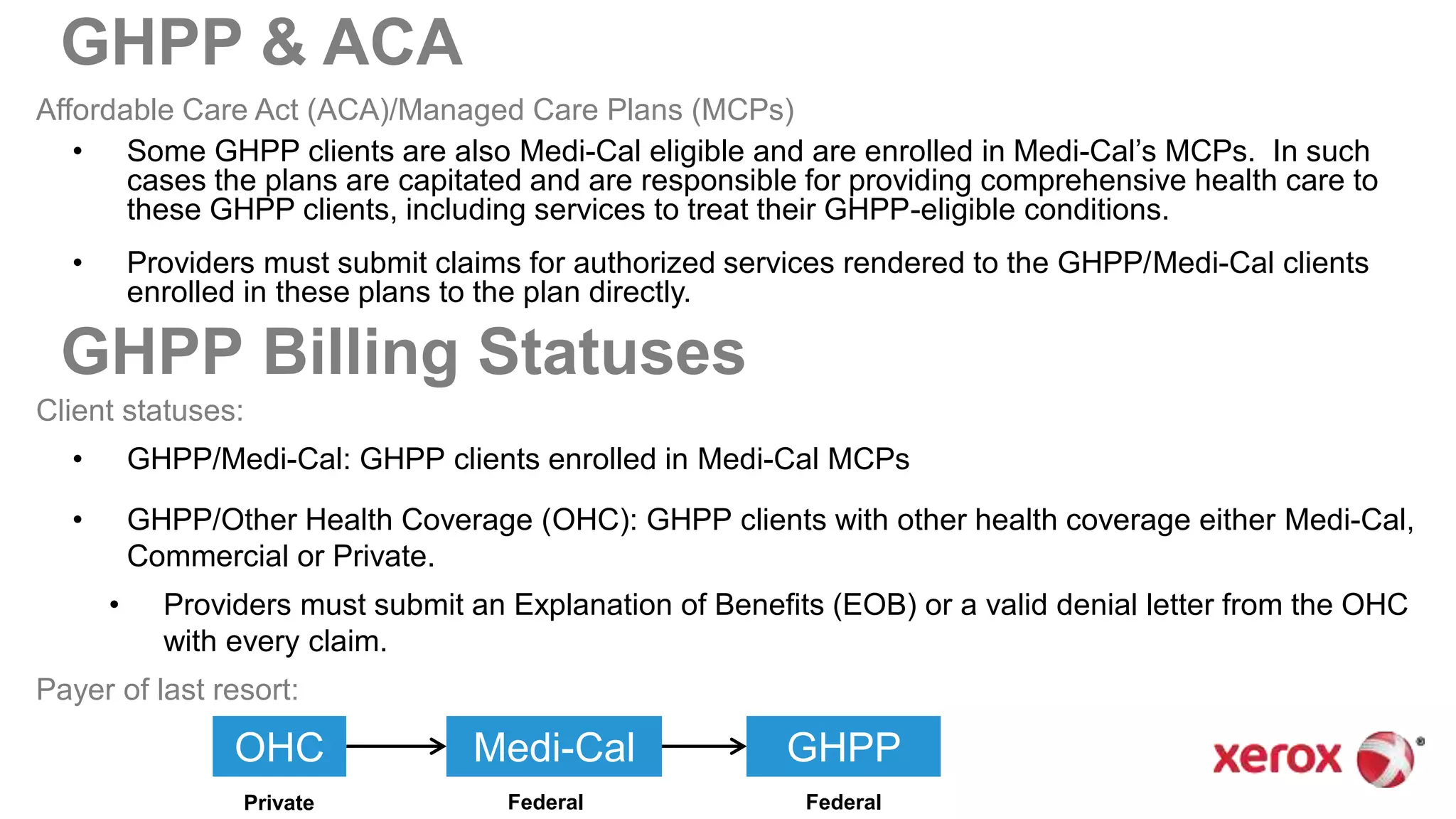 Affordable Care Act (ACA)/Managed Care Plans (MCPs)
• Some GHPP clients are also Medi-Cal eligible and are enrolled in Medi-Cal’s MCPs. In such
cases the plans are capitated and are responsible for providing comprehensive health care to
these GHPP clients, including services to treat their GHPP-eligible conditions.
• Providers must submit claims for authorized services rendered to the GHPP/Medi-Cal clients
enrolled in these plans to the plan directly.
GHPP & ACA
GHPP Billing Statuses
Client statuses:
• GHPP/Medi-Cal: GHPP clients enrolled in Medi-Cal MCPs
• GHPP/Other Health Coverage (OHC): GHPP clients with other health coverage either Medi-Cal,
Commercial or Private.
• Providers must submit an Explanation of Benefits (EOB) or a valid denial letter from the OHC
with every claim.
Payer of last resort:
OHC Medi-Cal GHPP
Private Federal Federal
 