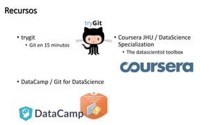 Recursos
• trygit
• Git en 15 minutos
• DataCamp / Git for DataScience
• Coursera JHU / DataScience
Specialization
• The datascientist toolbox
 